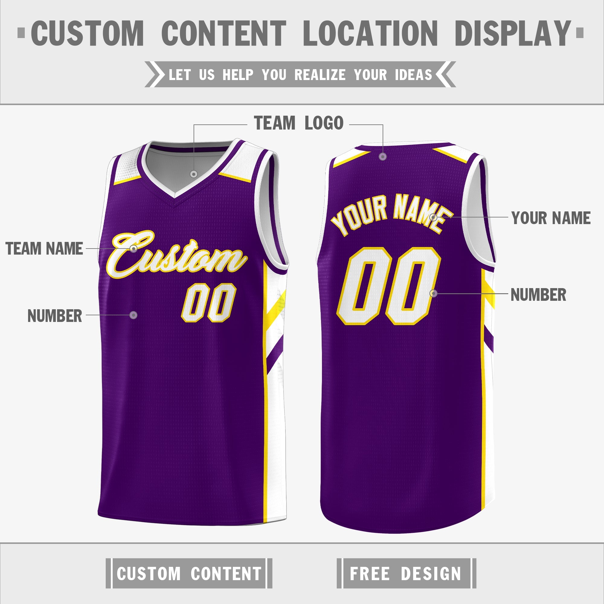 Custom Purple White-Yellow Double Side Tops Casual Basketball Jersey