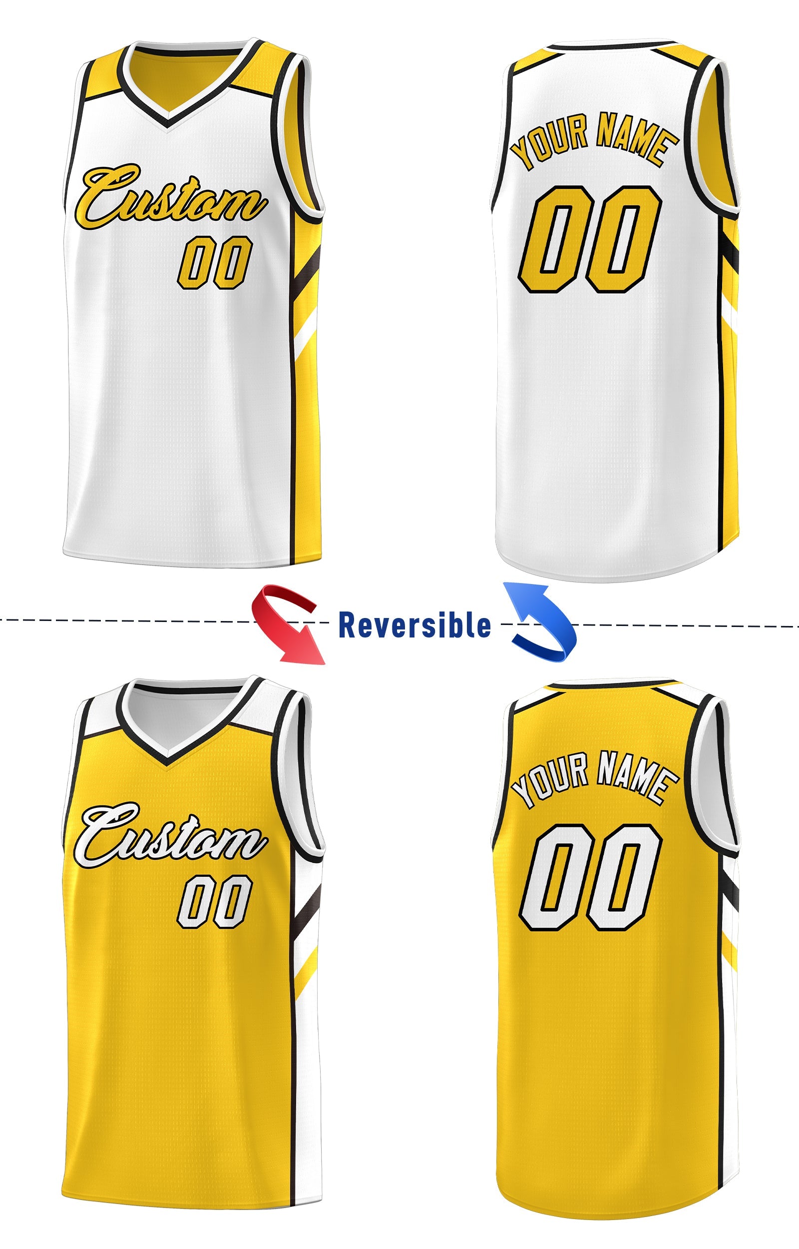 Maillot de basket-ball décontracté, personnalisé, jaune et blanc, hauts double face