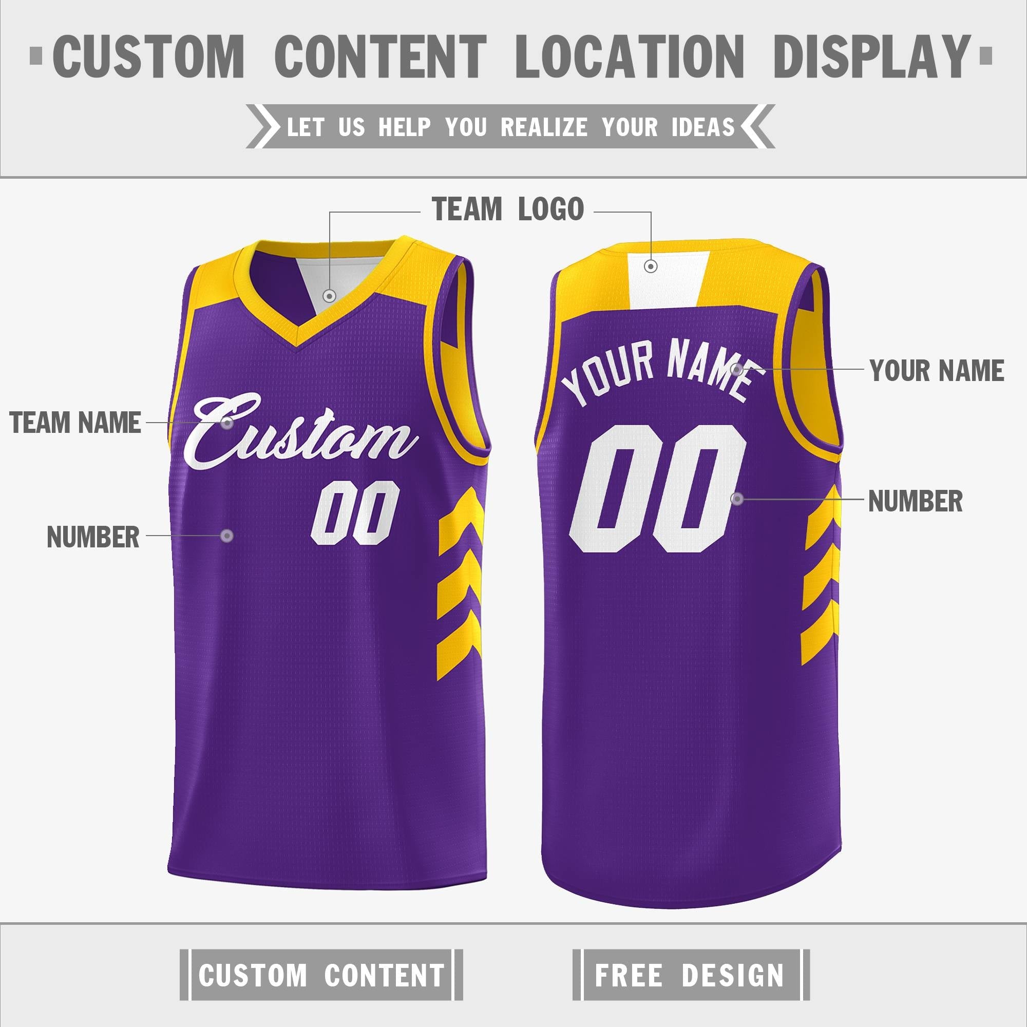 Maillot de basket-ball Double face réversible jaune violet personnalisé