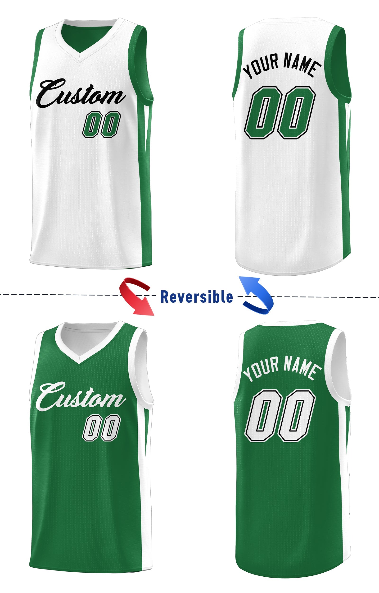 Maillot de basket-ball athlétique personnalisé, vert et blanc, double face, dessus