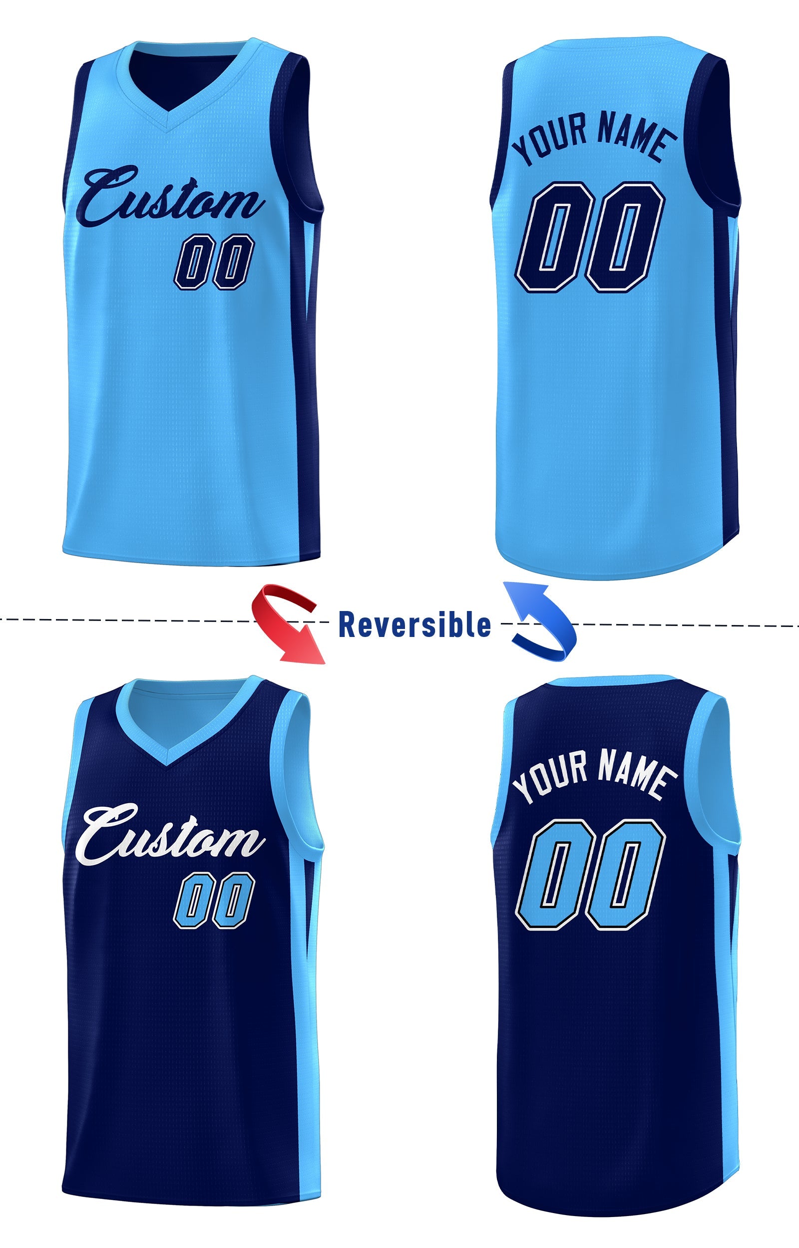 Maillot de basket-ball athlétique personnalisé à double face bleu marine