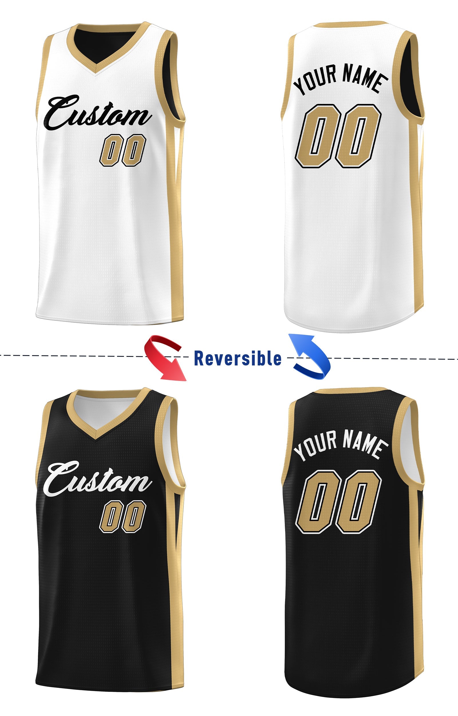 Custom Black White-Khaki Double Side Tops Athletic Basketball Jersey