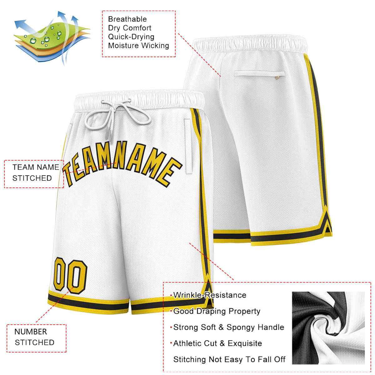 Short de basket-ball sport personnalisé blanc jaune-noir