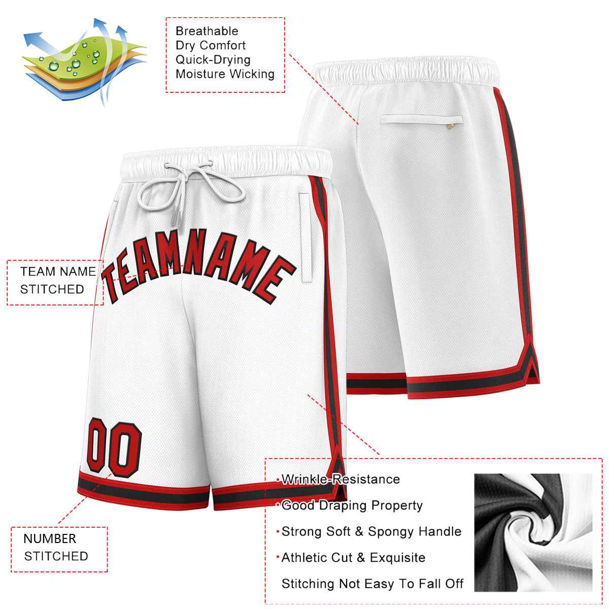 Short de basket-ball sport personnalisé blanc rouge-noir