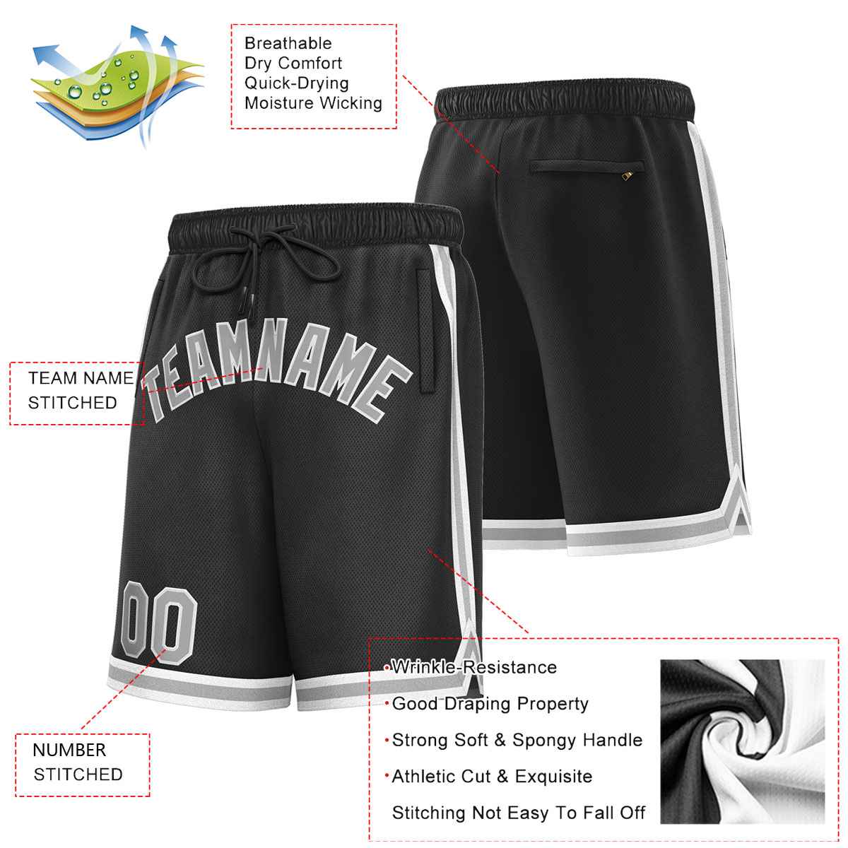 Short de basket-ball sport personnalisé noir gris-blanc