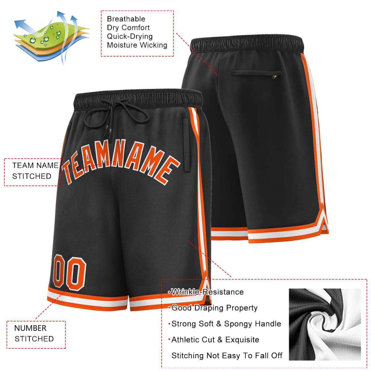 Short de basket-ball sport personnalisé noir orange-blanc