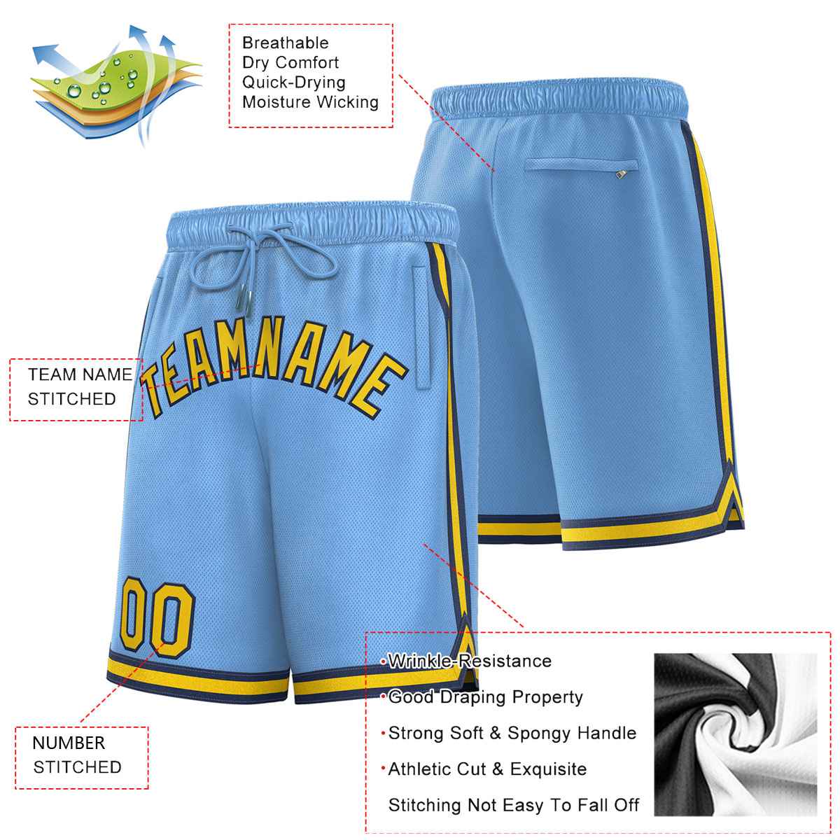 Short de basket-ball sport personnalisé bleu poudre or-noir