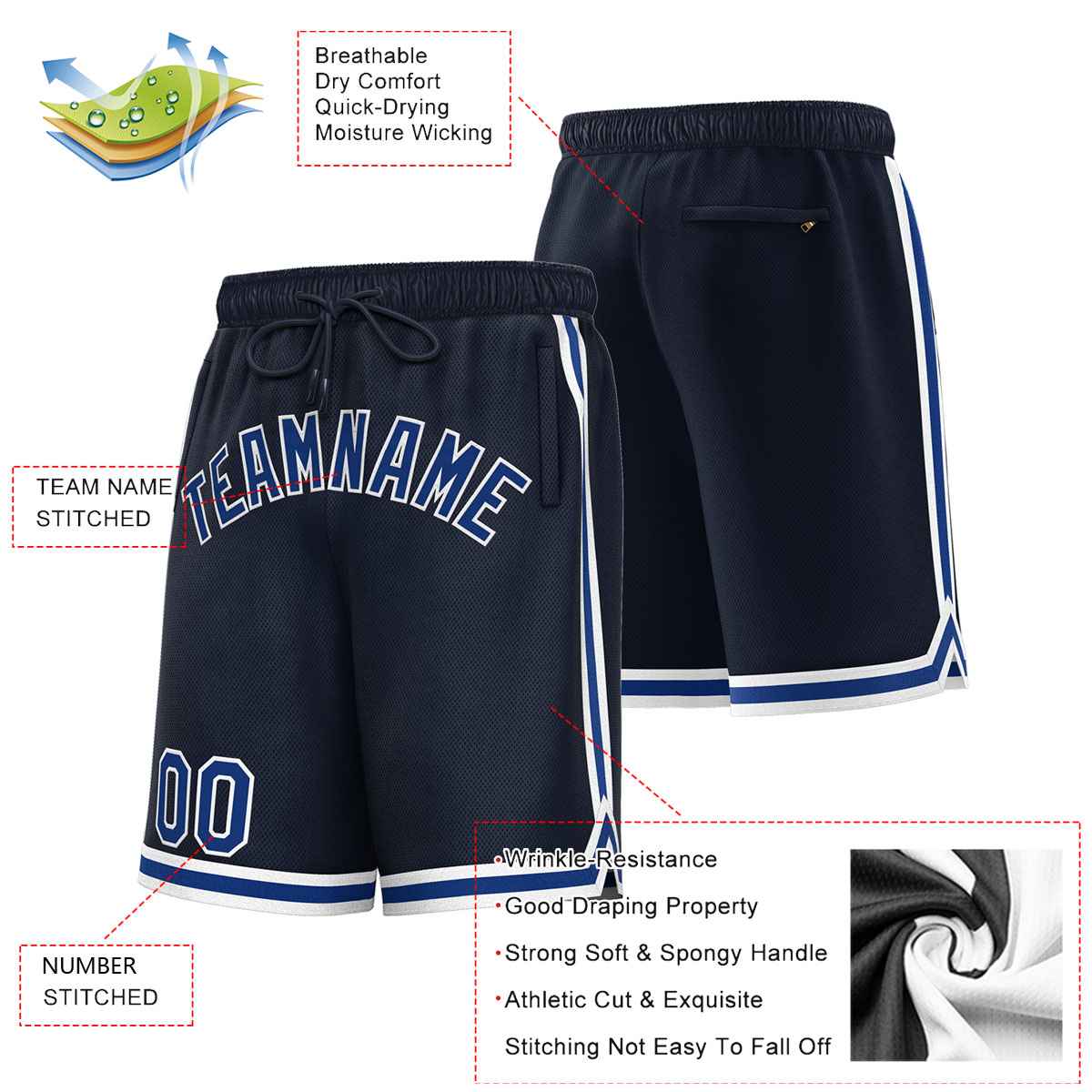 Short de basket-ball sport personnalisé bleu marine royal-blanc