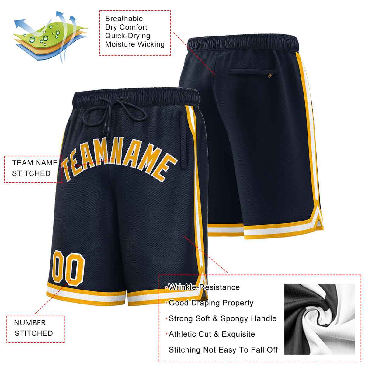 Short de basket-ball sport personnalisé bleu marine or-blanc