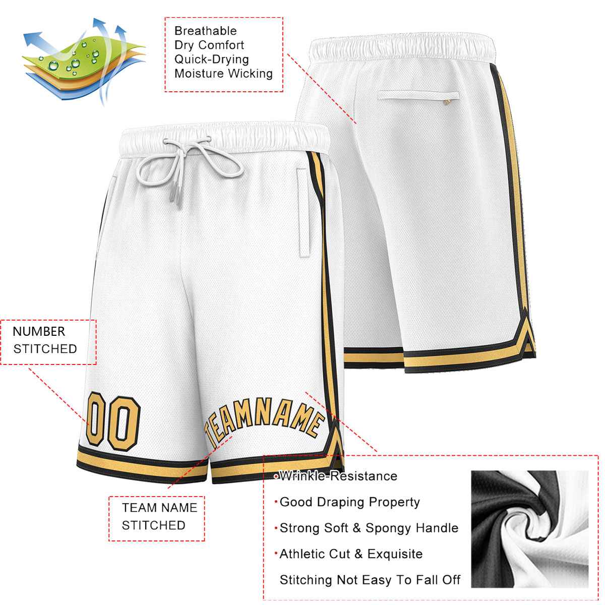 Custom White Old Gold-Black Sport Basketball Shorts