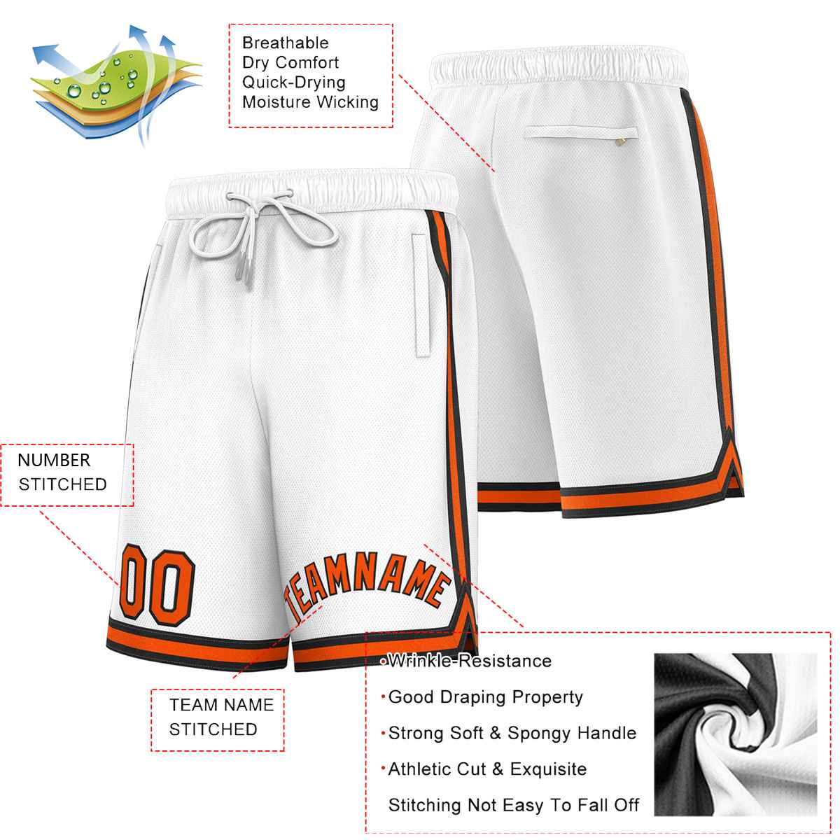 Short de basket-ball sport personnalisé blanc orange-noir