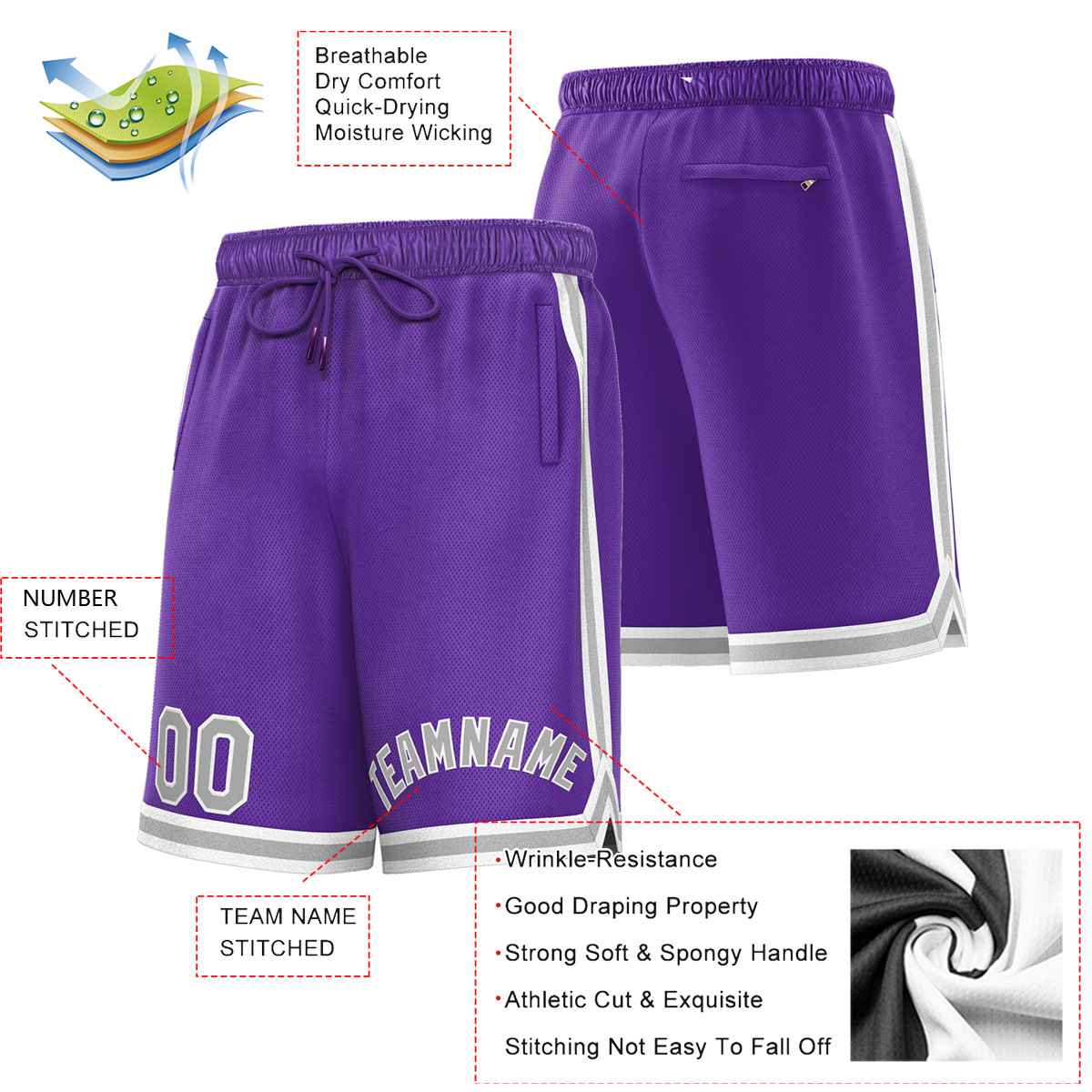 Short de basket-ball sport violet gris-blanc personnalisé