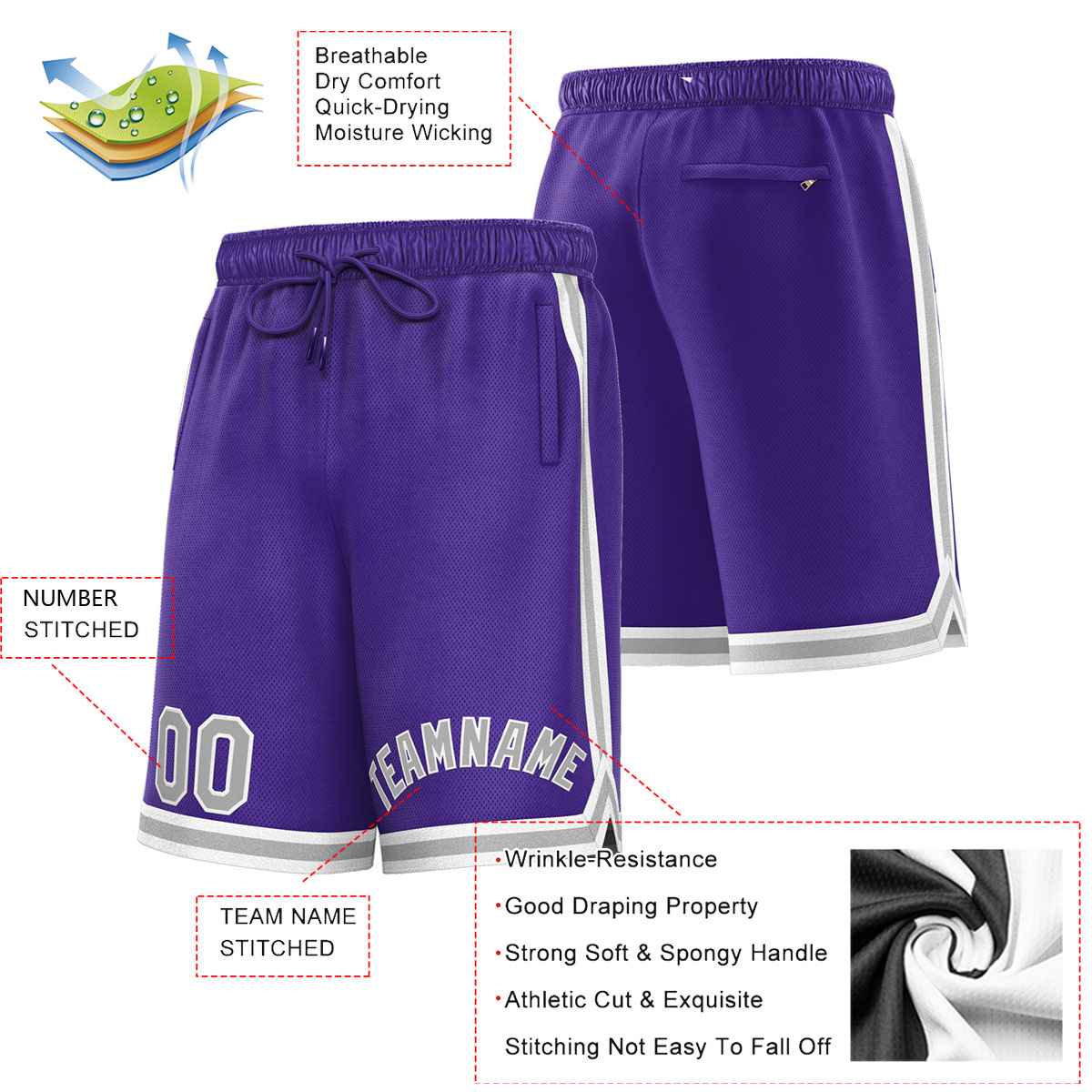 Short de basket-ball sport gris violet personnalisé