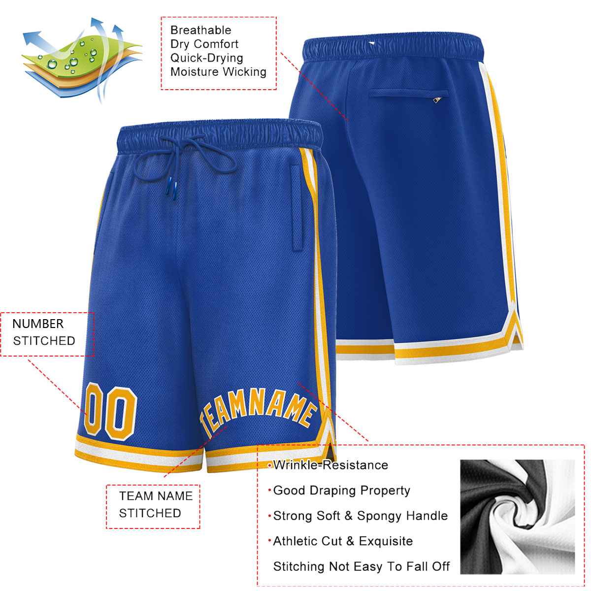 Short de basket-ball sport personnalisé jaune-blanc royal