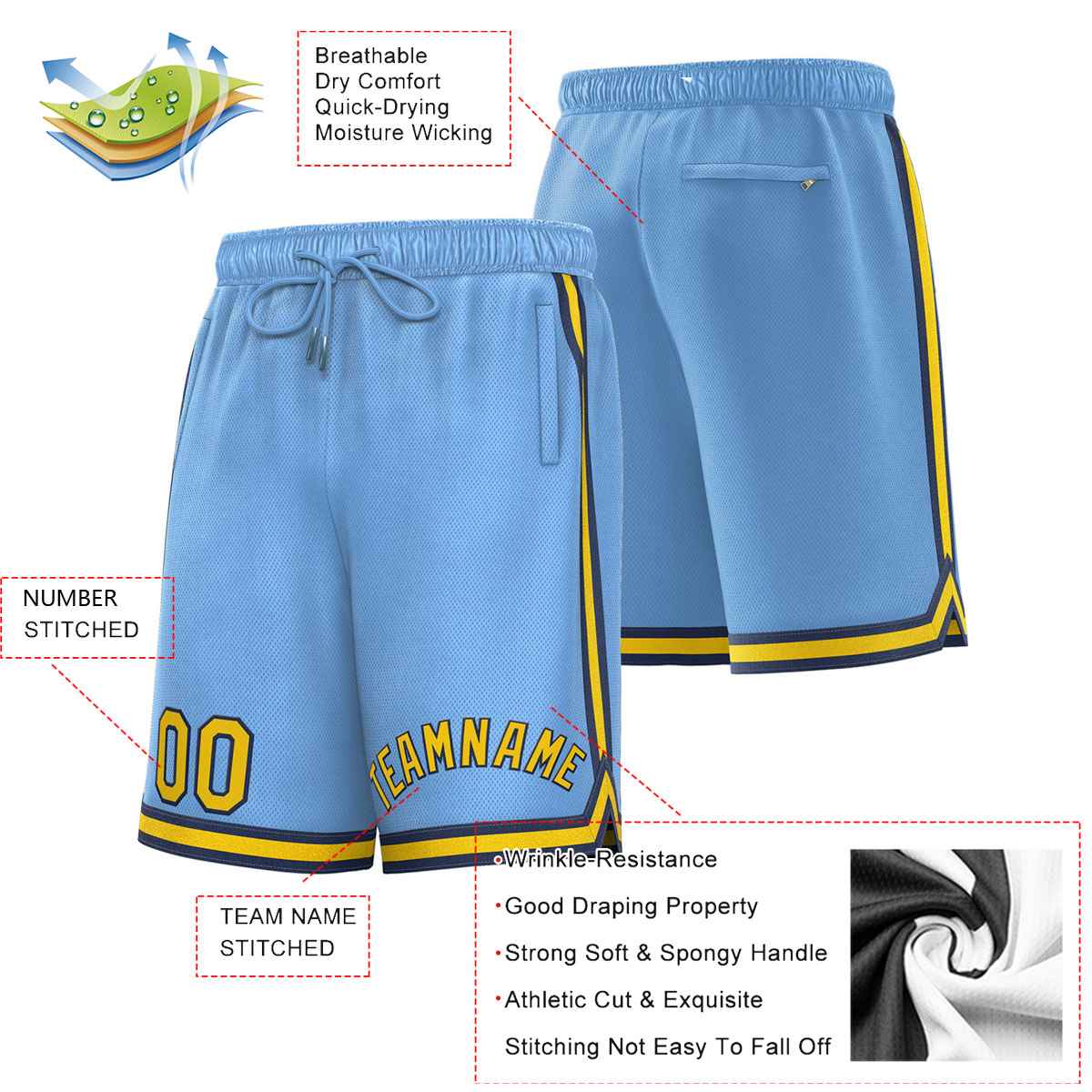 Custom Powder Blue Gold-Black Sport Basketball Shorts