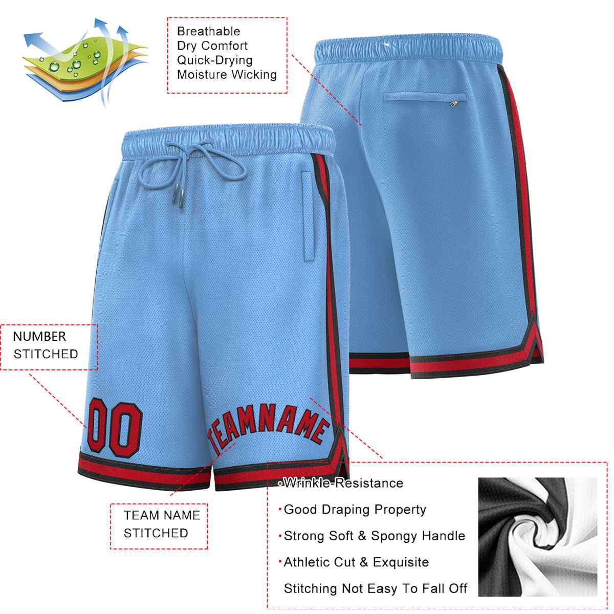 Short de basket-ball sport personnalisé bleu poudre marron-noir