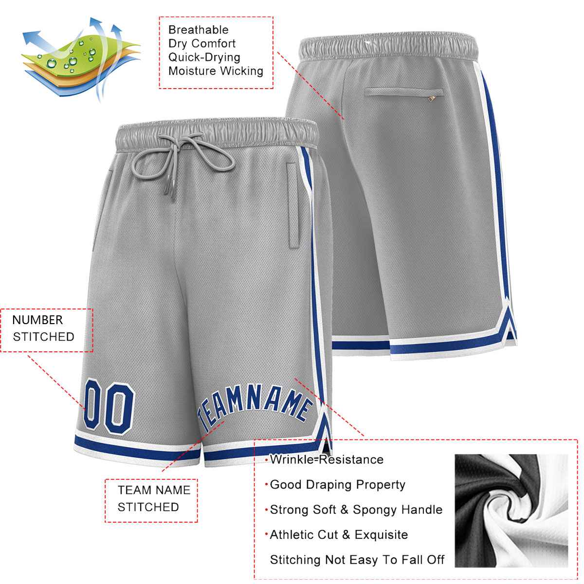 Short de basket-ball sport gris royal-blanc personnalisé