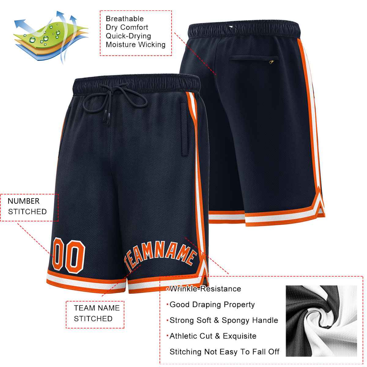 Short de basket-ball sport personnalisé bleu marine orange-blanc