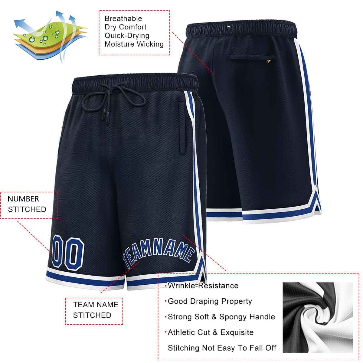 Short de basket-ball sport personnalisé bleu marine royal-blanc