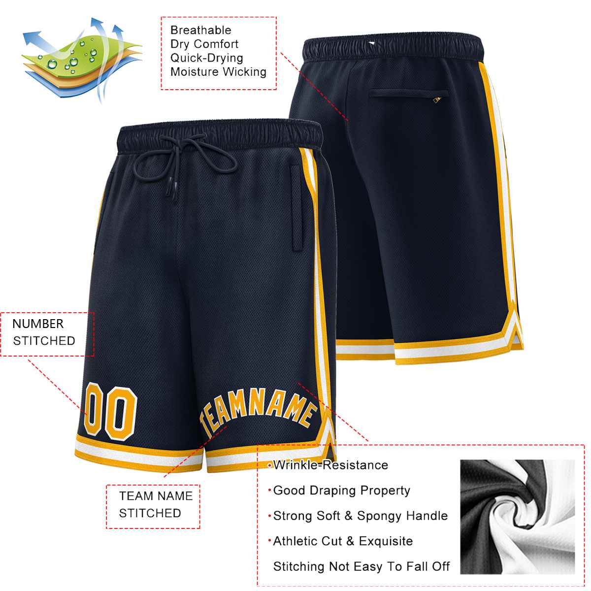 Custom Navy Gold-White Sport Basketball Shorts