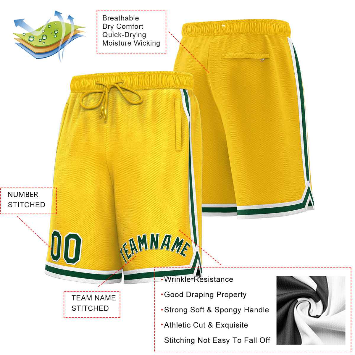 Short de basket-ball sport personnalisé jaune vert-blanc