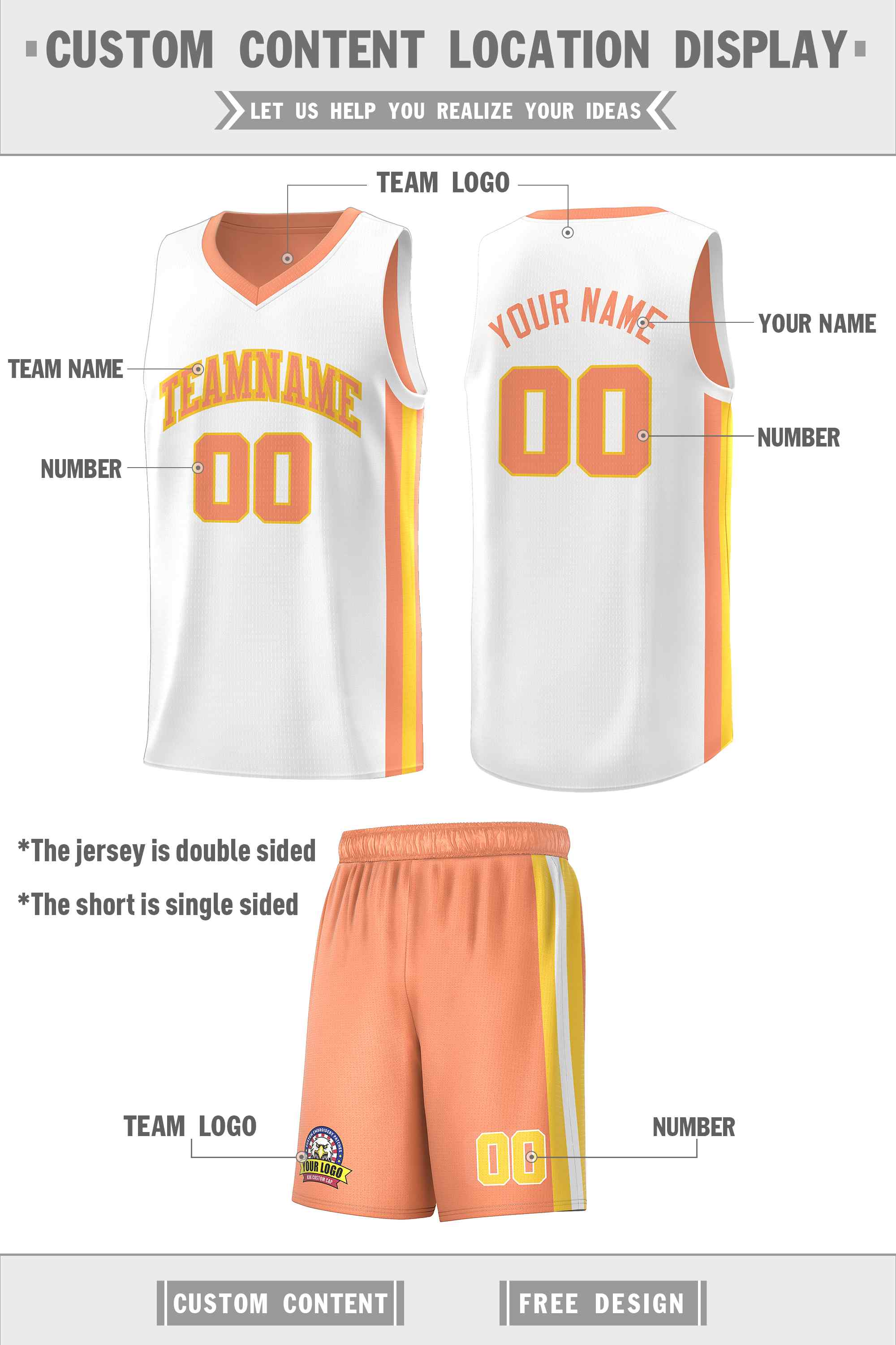 Maillot de basket-ball personnalisé pour hommes, ensemble Double face blanc Orange-jaune