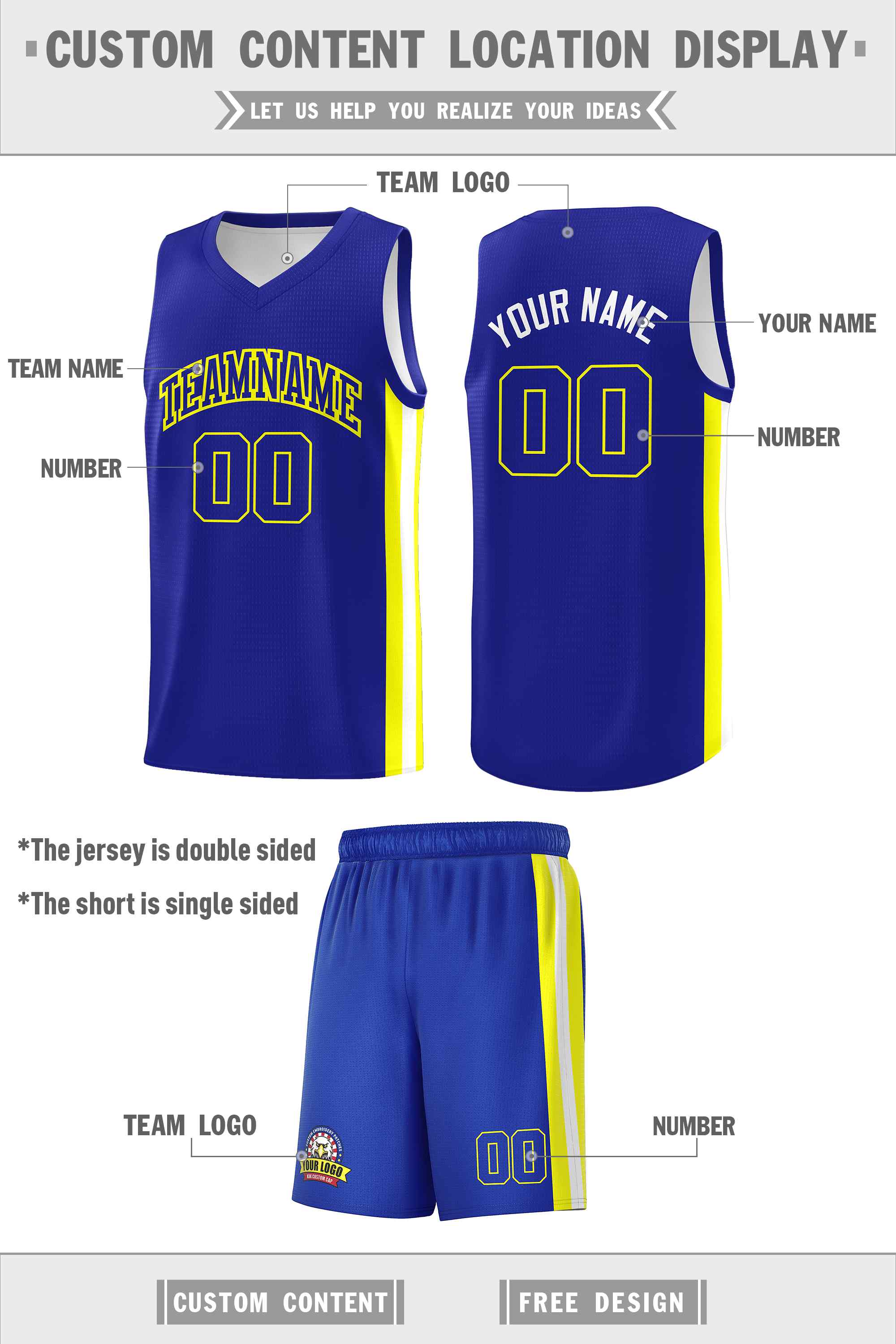 Custom Royal White-Yellow Double Side Sets Men Basketball Jersey