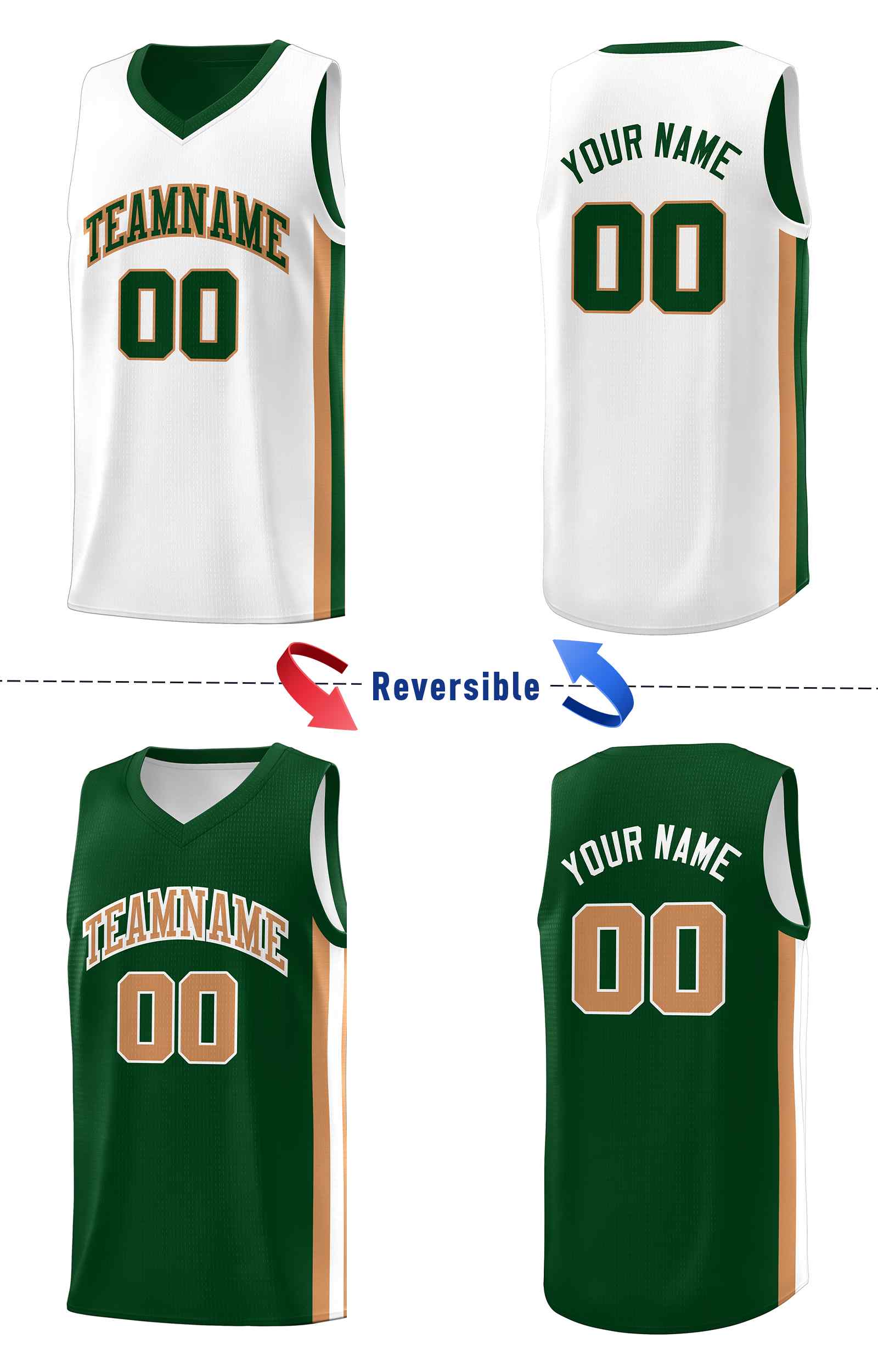 Custom Green White-Old Gold Double Side Sets Men Basketball Jersey