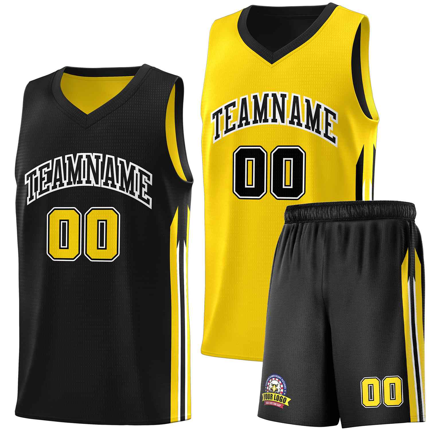 Le double côté jaune noir fait sur commande place le maillot de basket-ball d'hommes