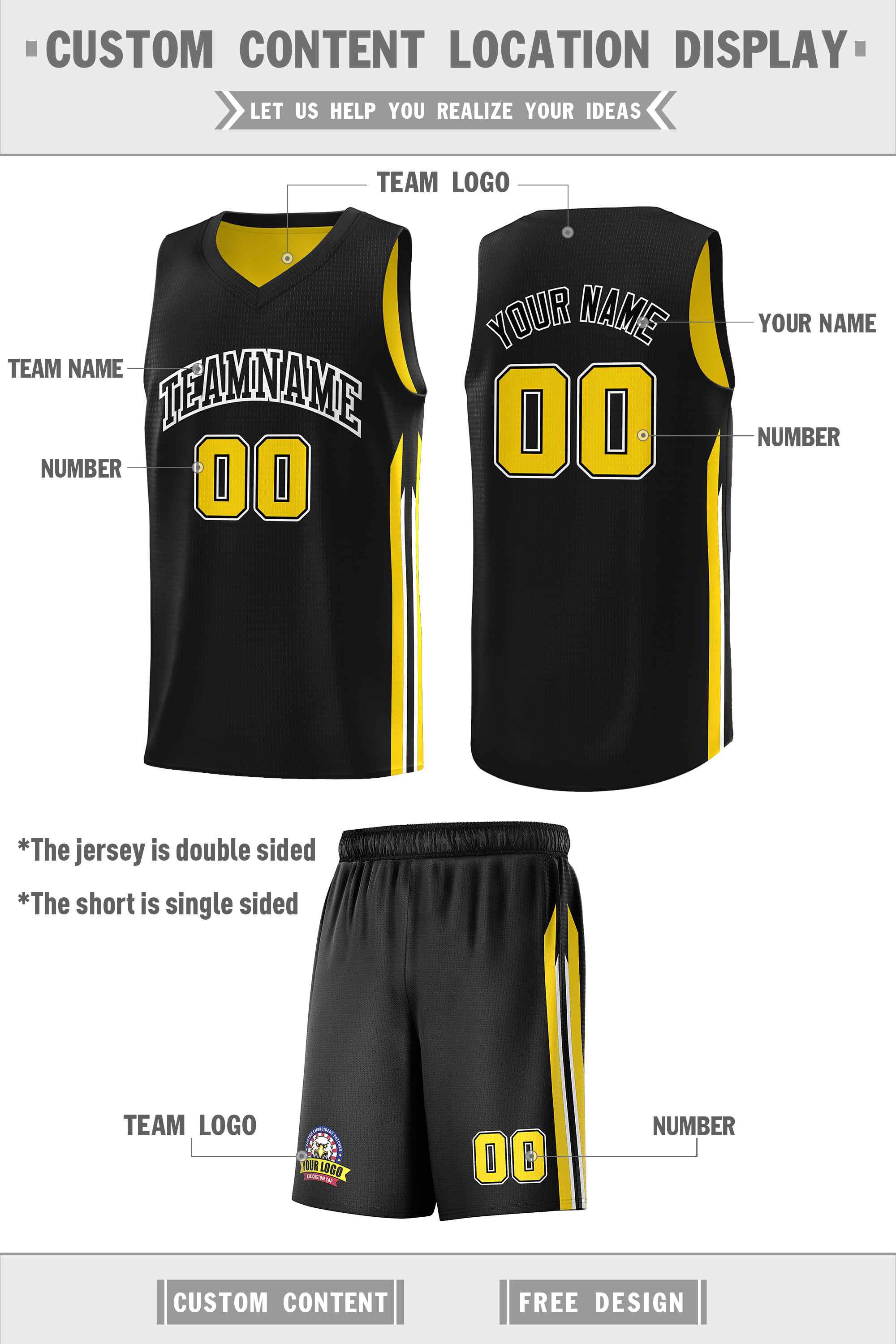 Custom Black Yellow Double Side Sets Men Basketball Jersey