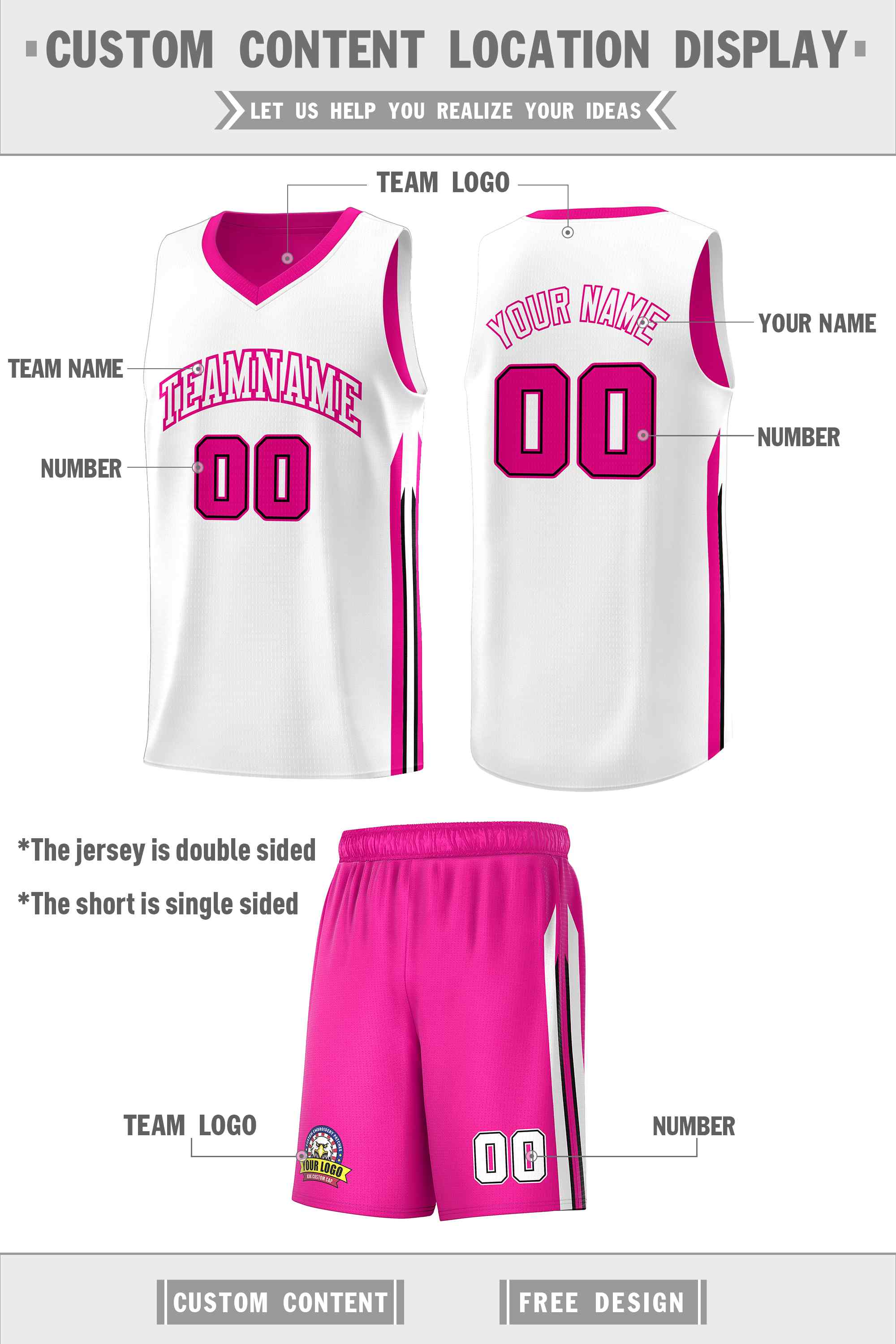 Maillot de basket-ball personnalisé pour hommes, ensemble Double face rose et blanc