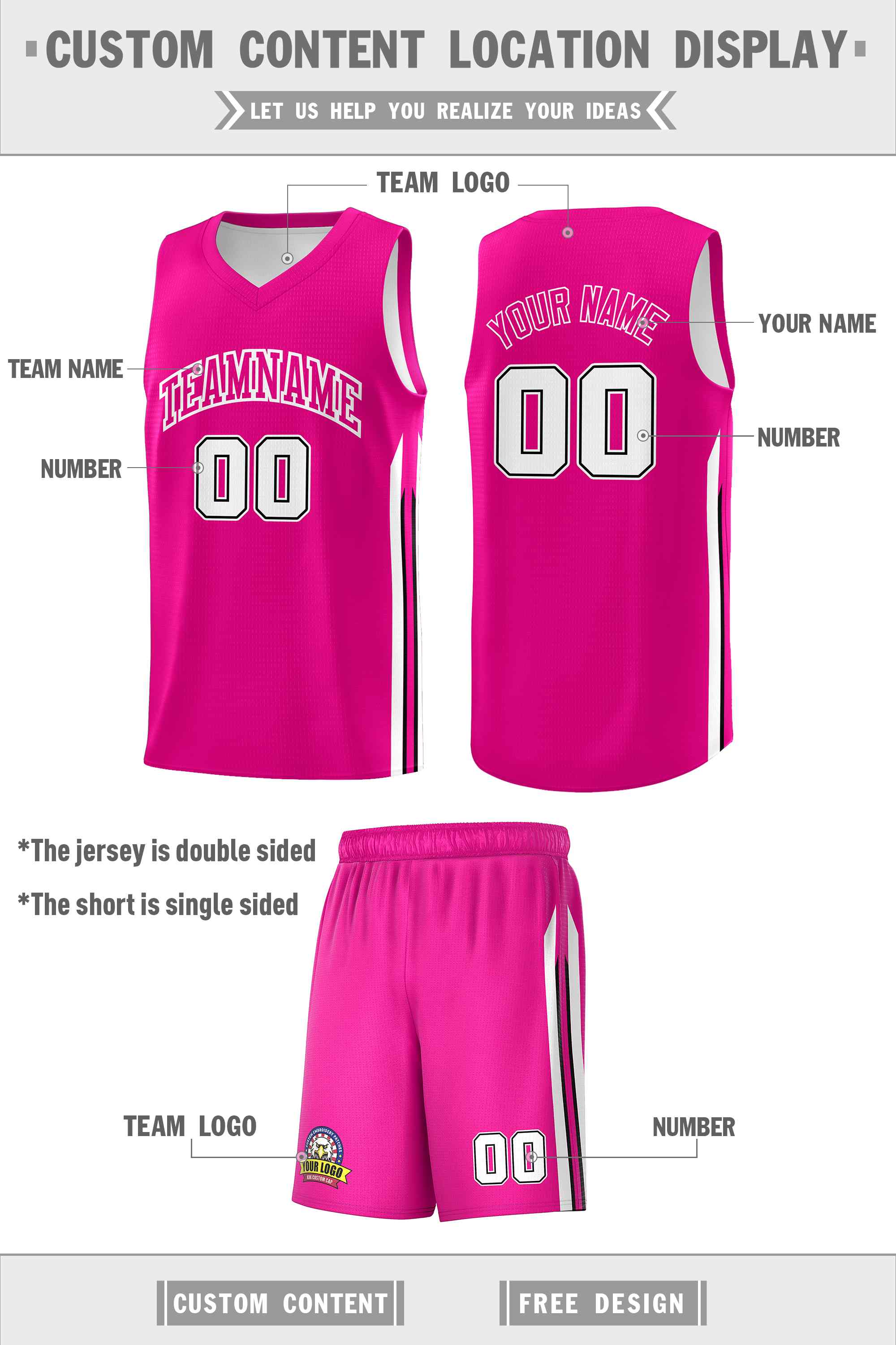 Maillot de basket-ball personnalisé pour hommes, ensemble Double face rose et blanc