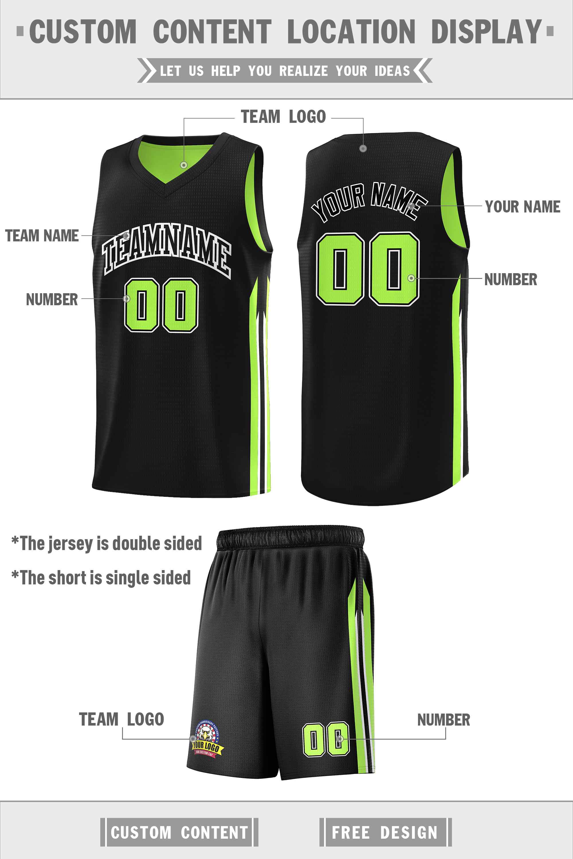 Custom Black Neon Green Double Side Sets Men Basketball Jersey