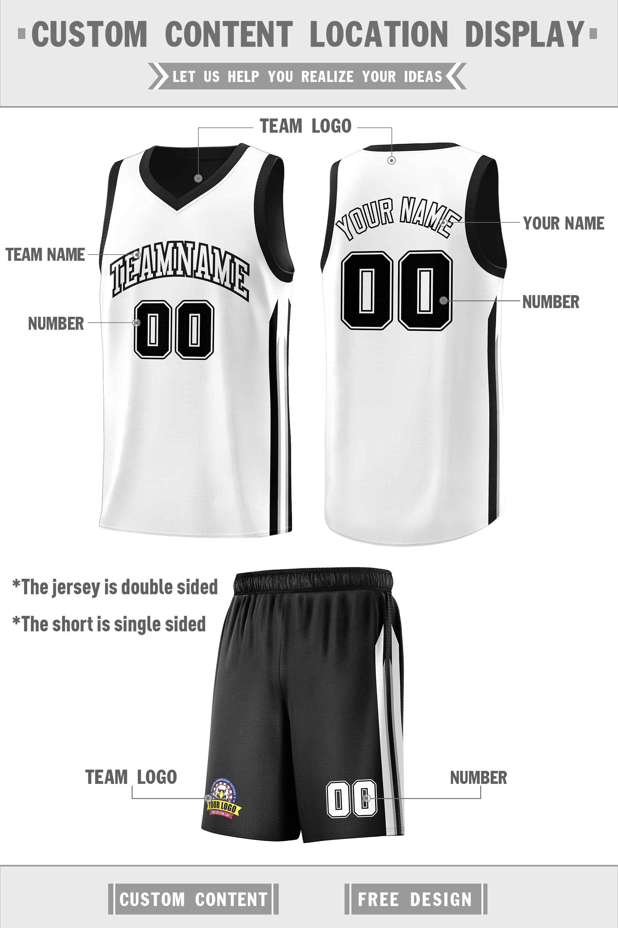 Maillot de basket-ball pour hommes, ensemble Double face noir et blanc personnalisé