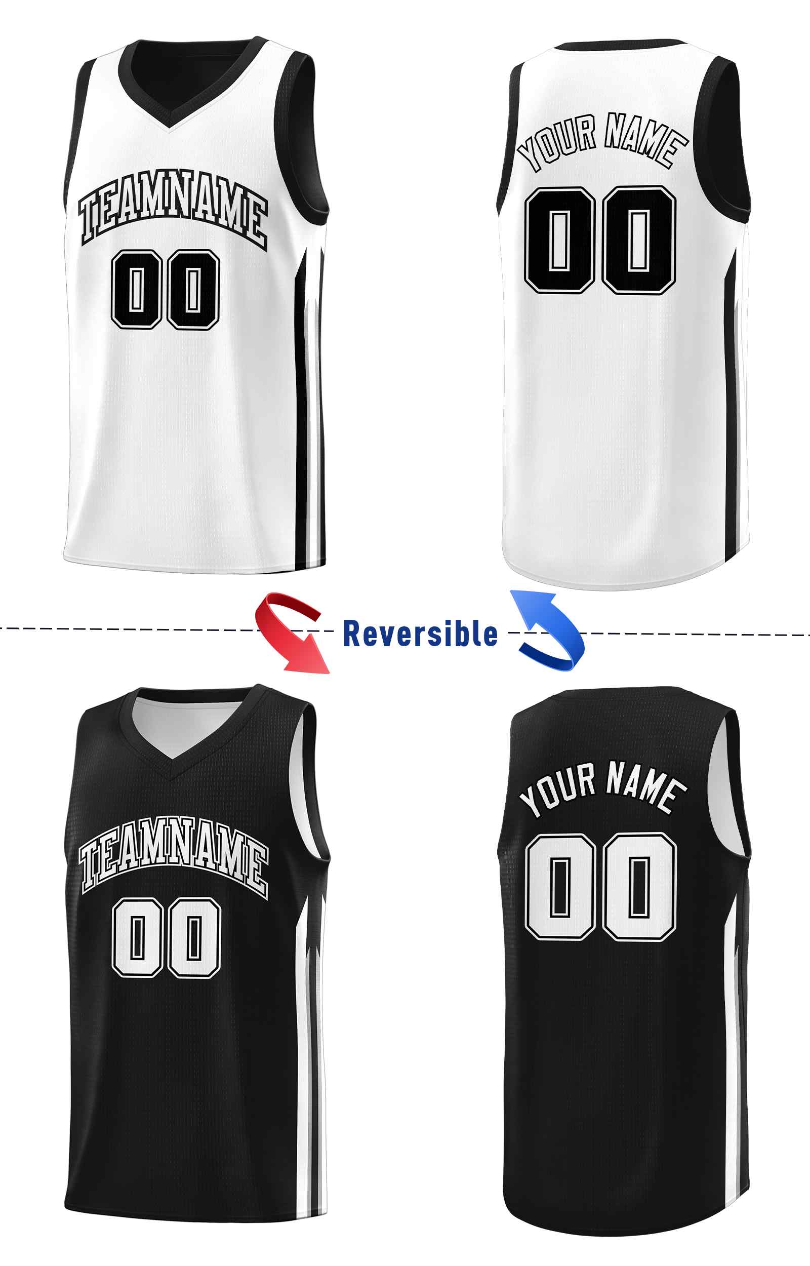 Custom Black White Double Side Sets Men Basketball Jersey