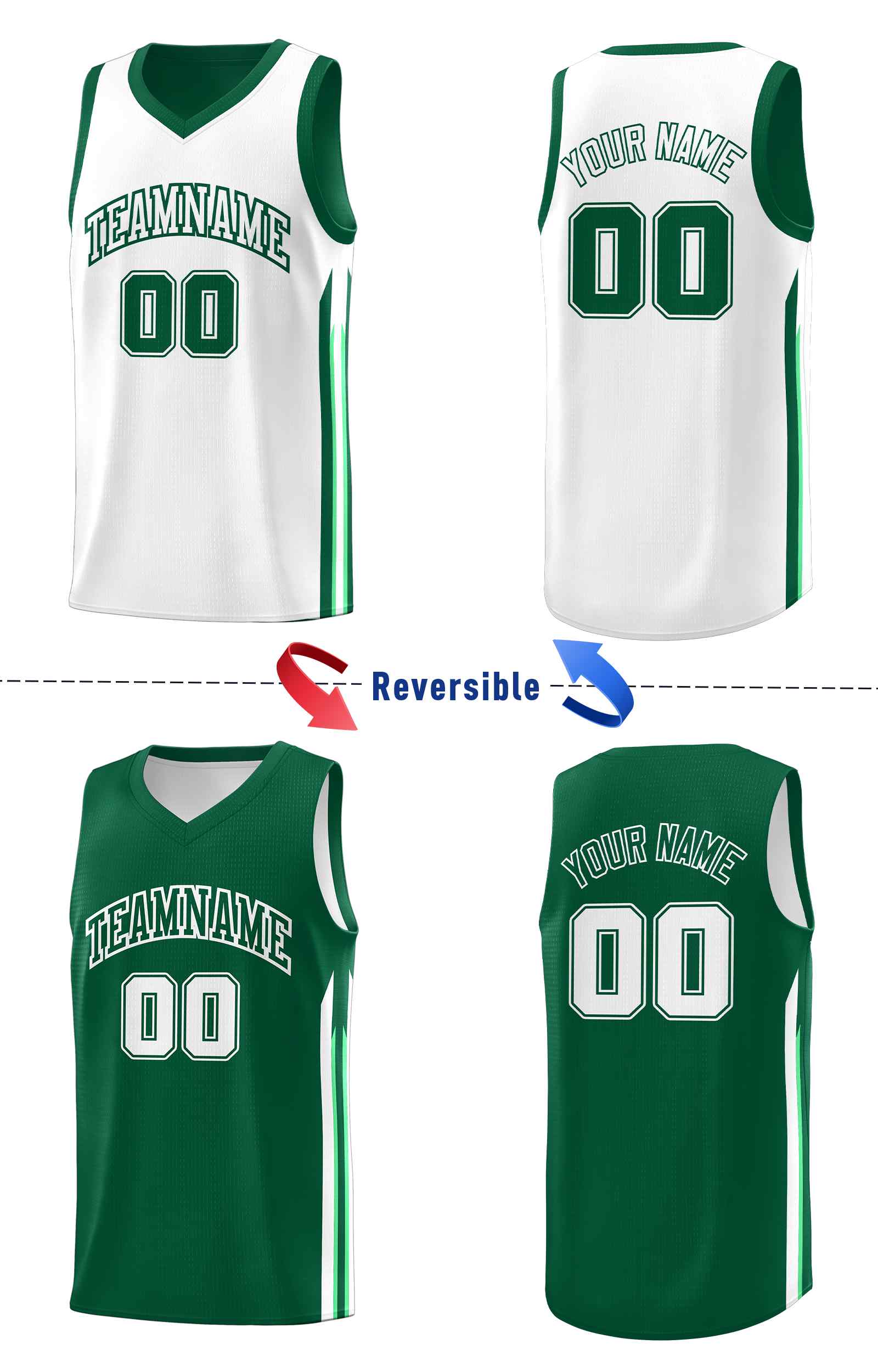 Le double côté blanc vert personnalisé définit le maillot de basket-ball pour hommes