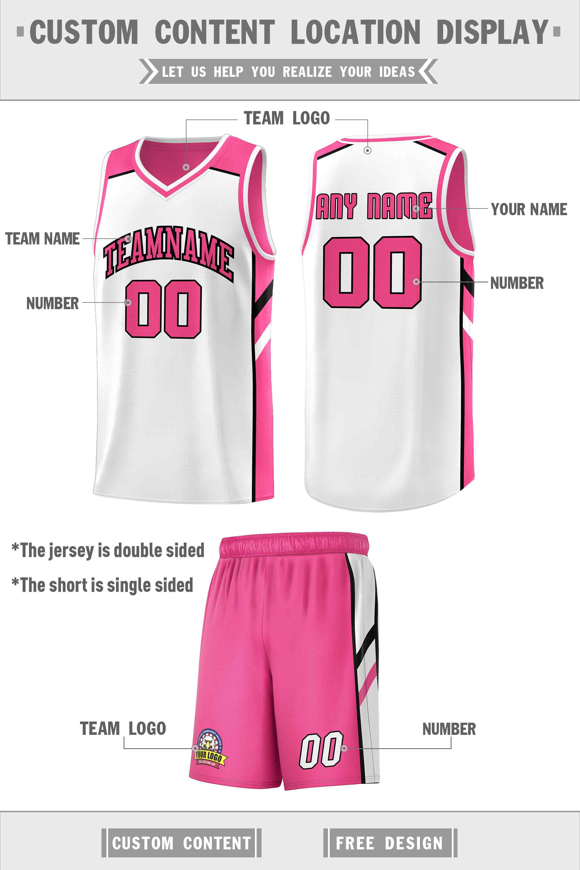 Maillot de basket-ball personnalisé pour hommes, ensemble Double face rose et blanc