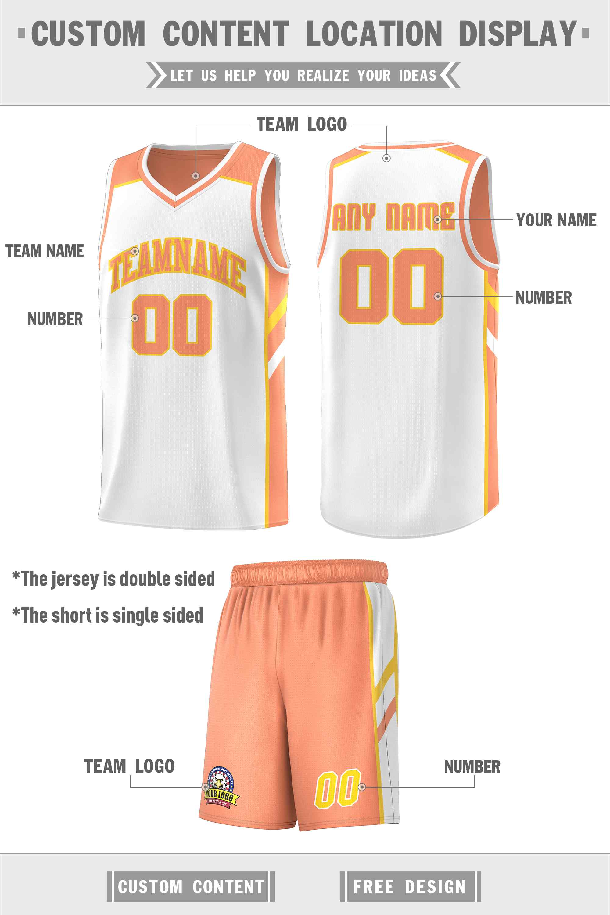 Maillot de basket-ball personnalisé Orange blanc-jaune Double face pour hommes