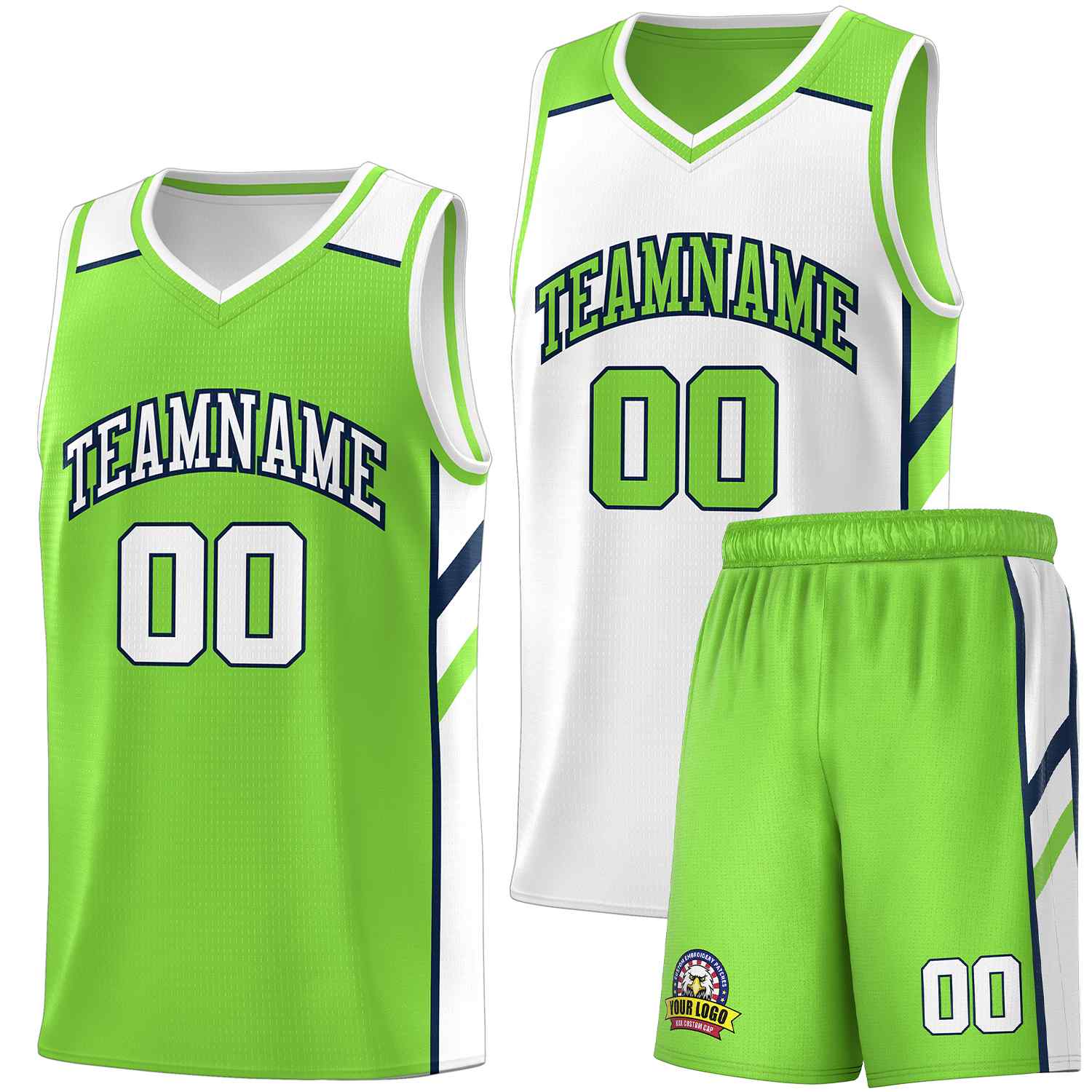 Maillot de basket-ball personnalisé pour hommes, ensemble Double face, vert néon, blanc