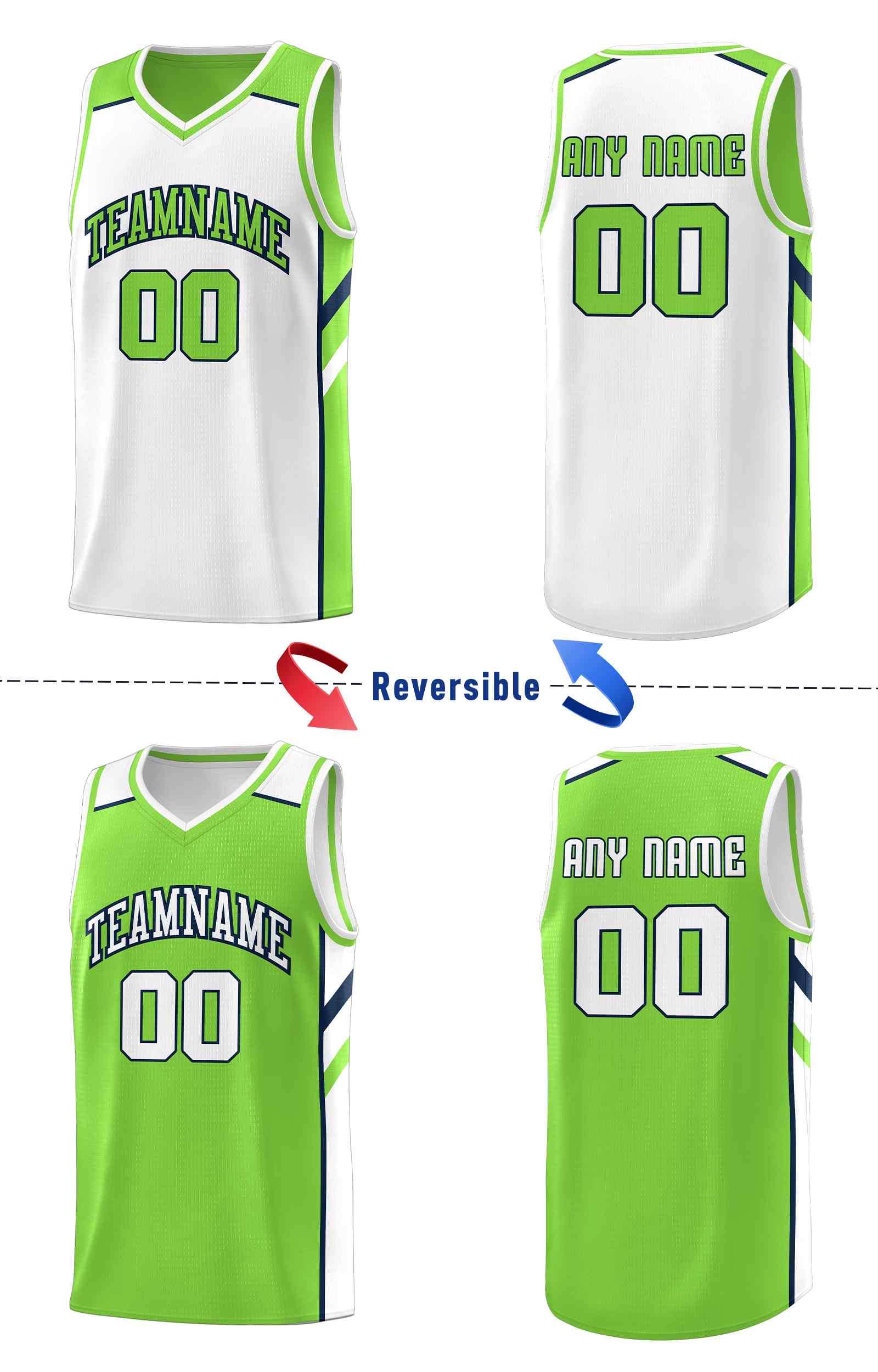 Maillot de basket-ball personnalisé pour hommes, ensemble Double face, vert néon, blanc