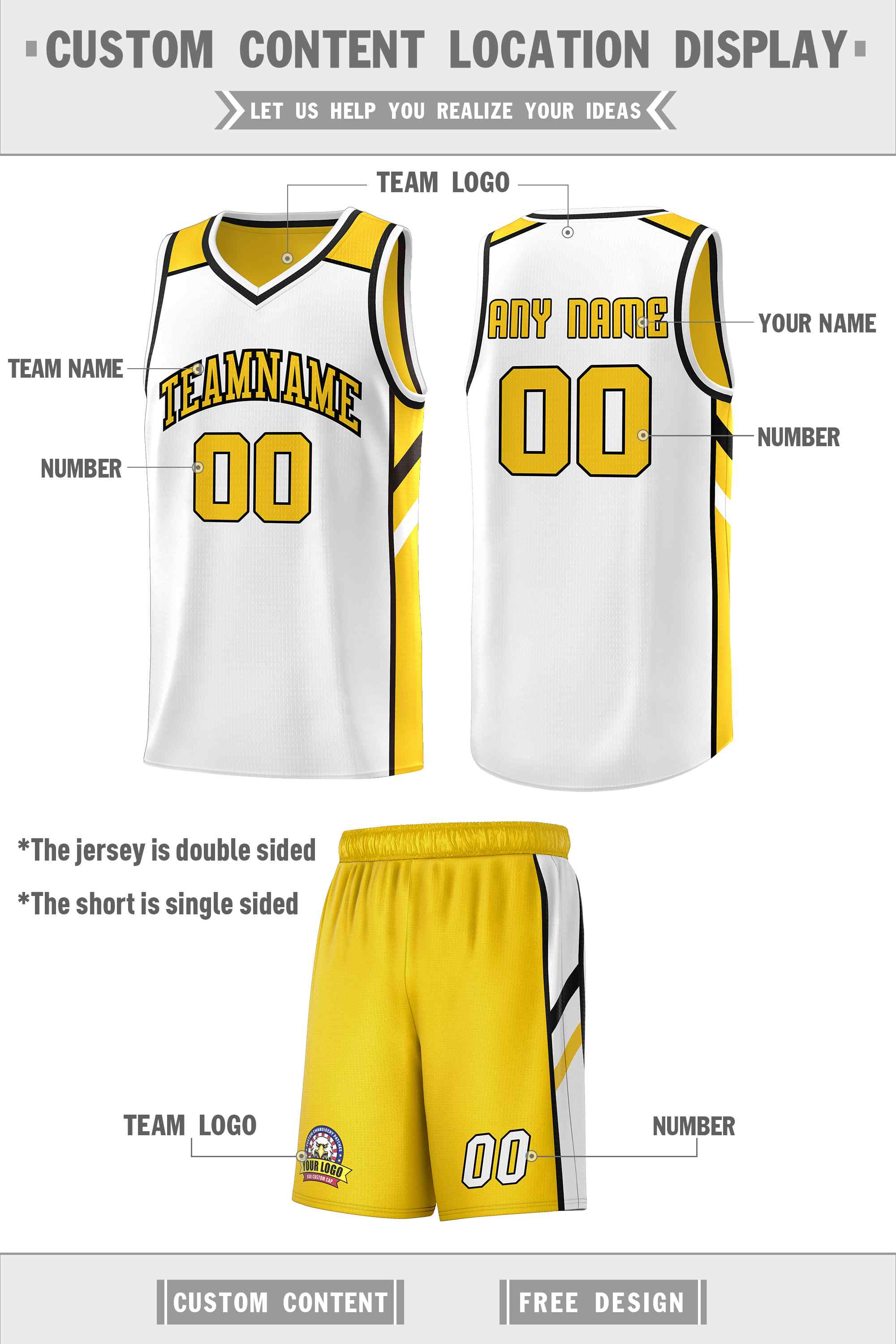 Le double côté blanc jaune fait sur commande place le maillot de basket-ball des hommes