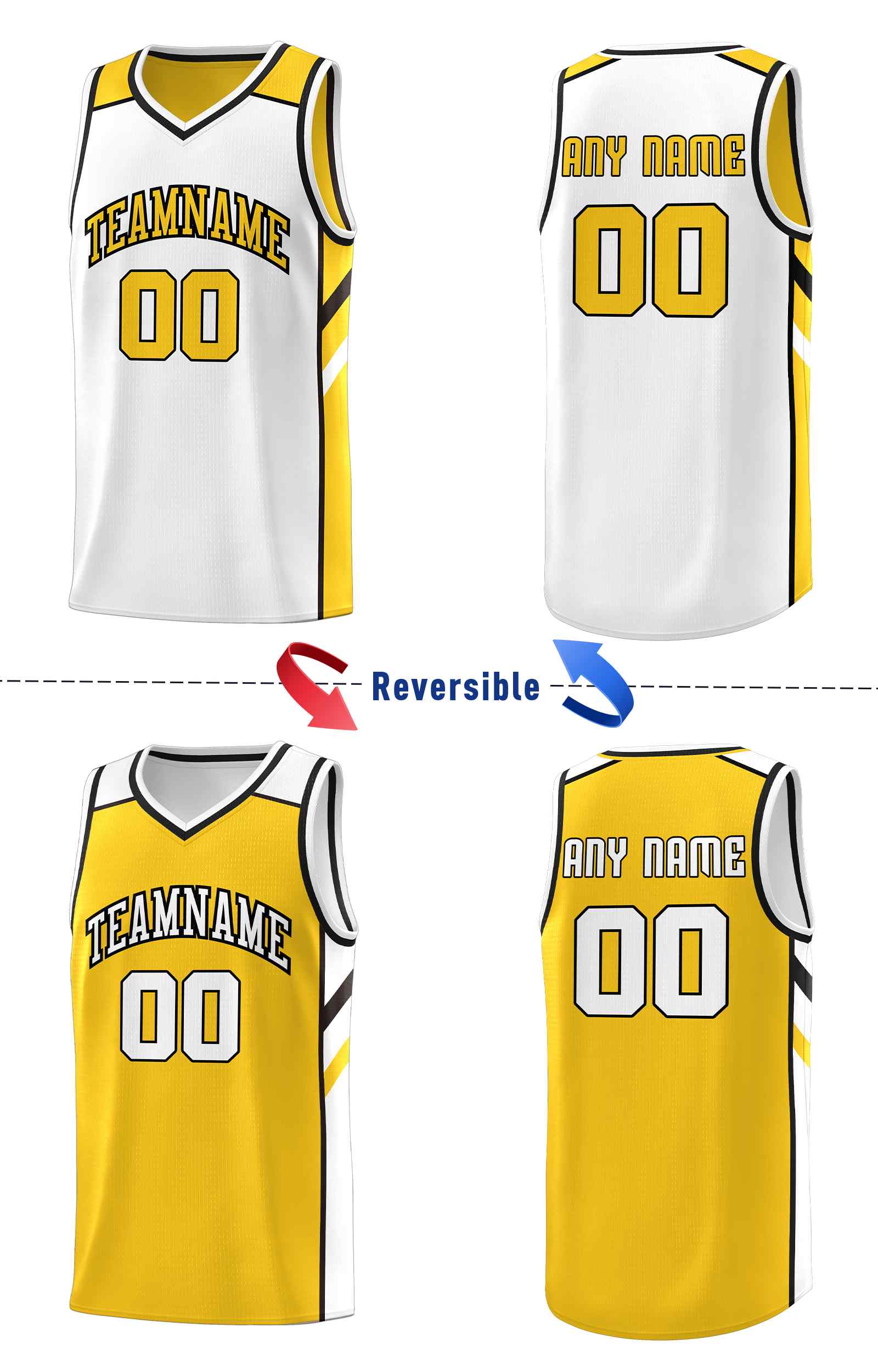 Le double côté blanc jaune fait sur commande place le maillot de basket-ball des hommes