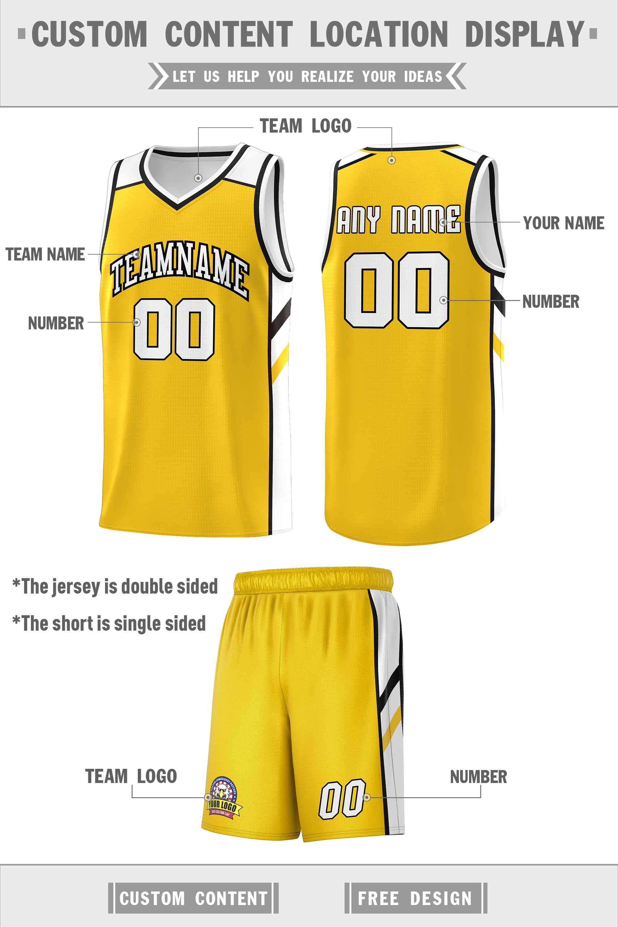 Le double côté blanc jaune fait sur commande place le maillot de basket-ball des hommes