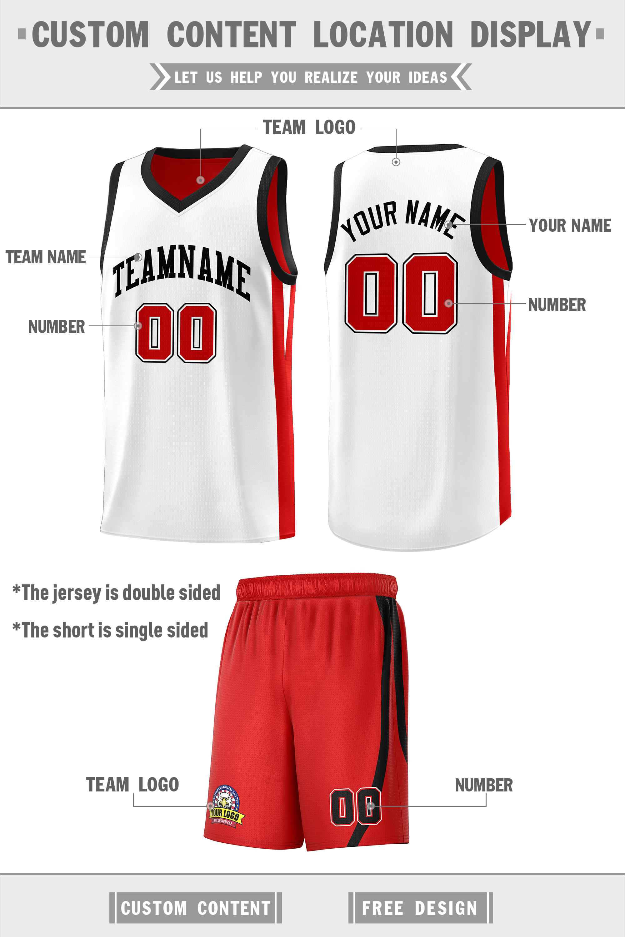 Custom White Red-Black Double Side Sets Men Basketball Jersey