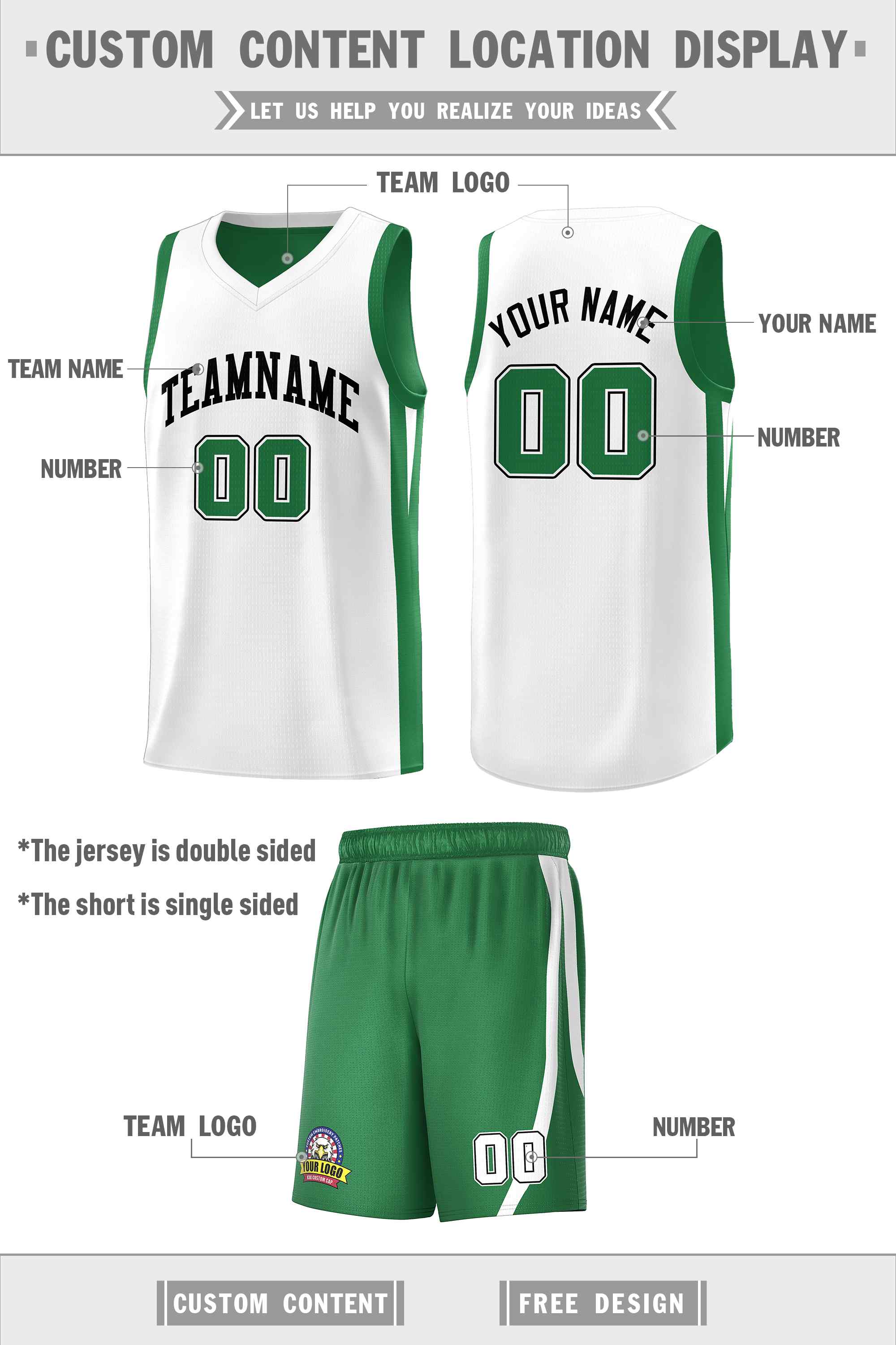 Custom Green White-Black Double Side Sets Men Basketball Jersey