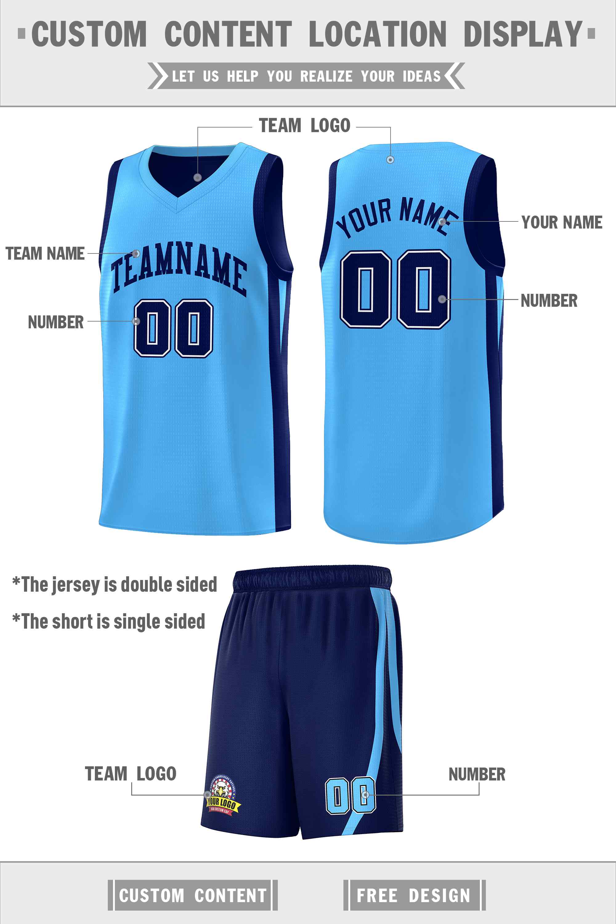 Maillot de basket-ball pour hommes, ensemble Double face bleu clair personnalisé, bleu marine