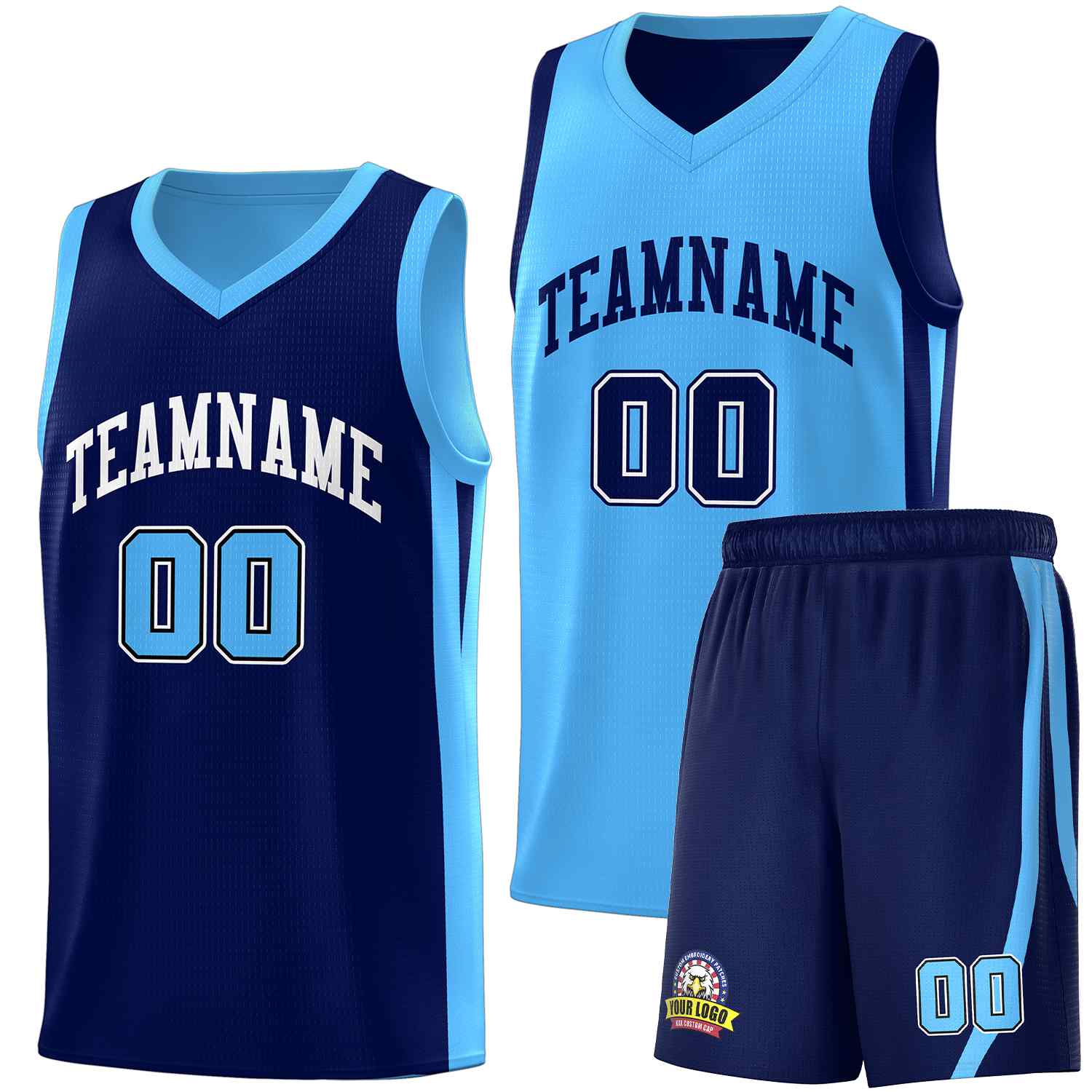 Maillot de basket-ball pour hommes, ensemble Double face bleu clair personnalisé, bleu marine