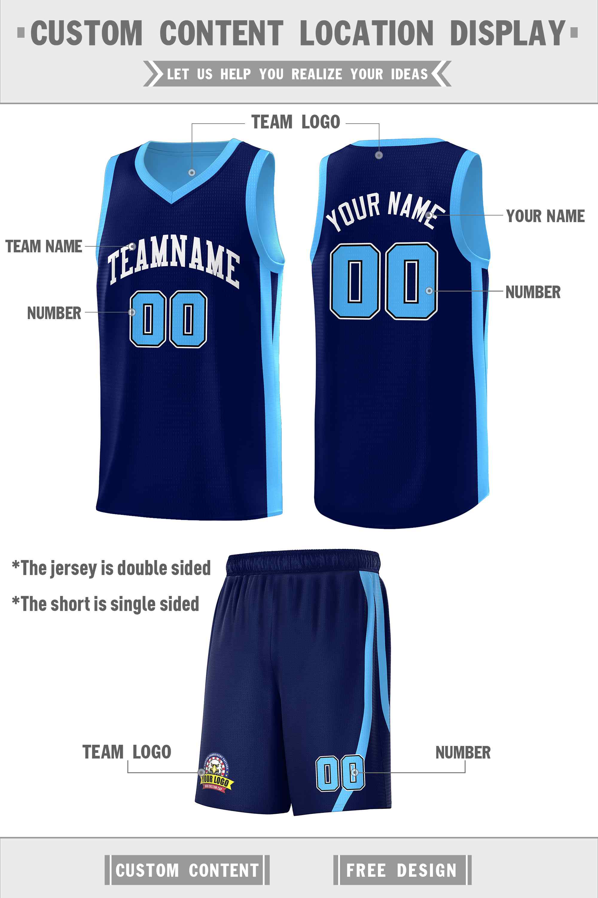 Maillot de basket-ball pour hommes, ensemble Double face bleu clair personnalisé, bleu marine