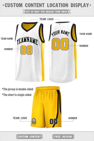 Le double côté jaune blanc fait sur commande place le maillot de basket-ball d'hommes