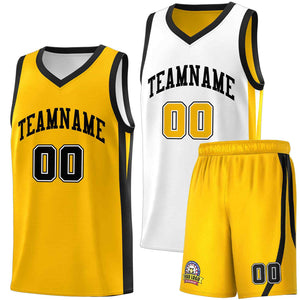 Le double côté jaune blanc fait sur commande place le maillot de basket-ball d'hommes